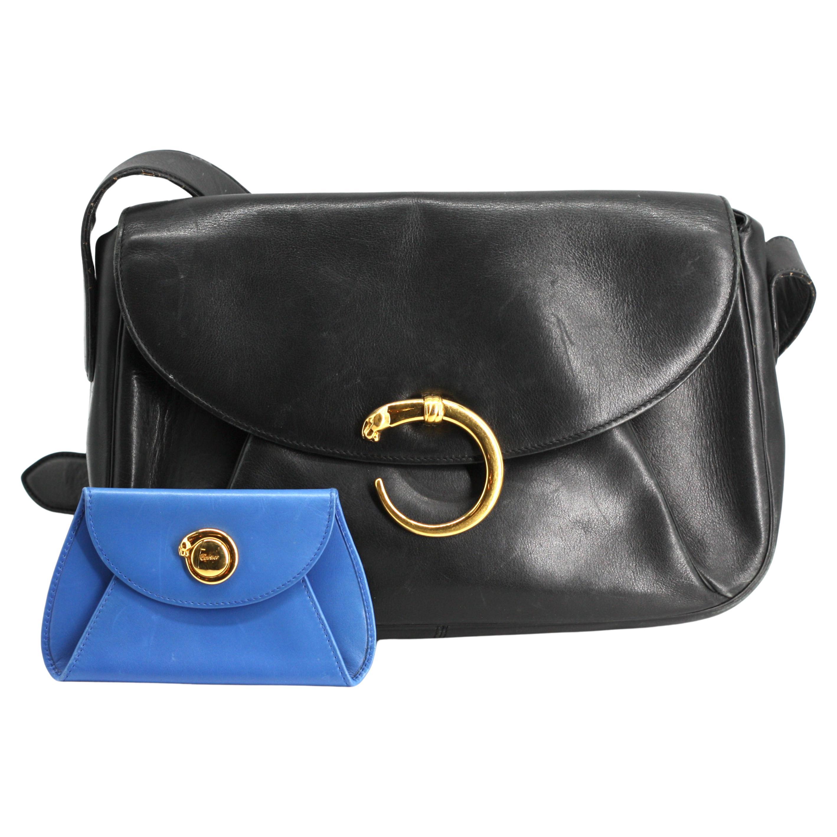 Cartier Vintage Bolso de Piel Negro y Monedero de Piel Azul en venta