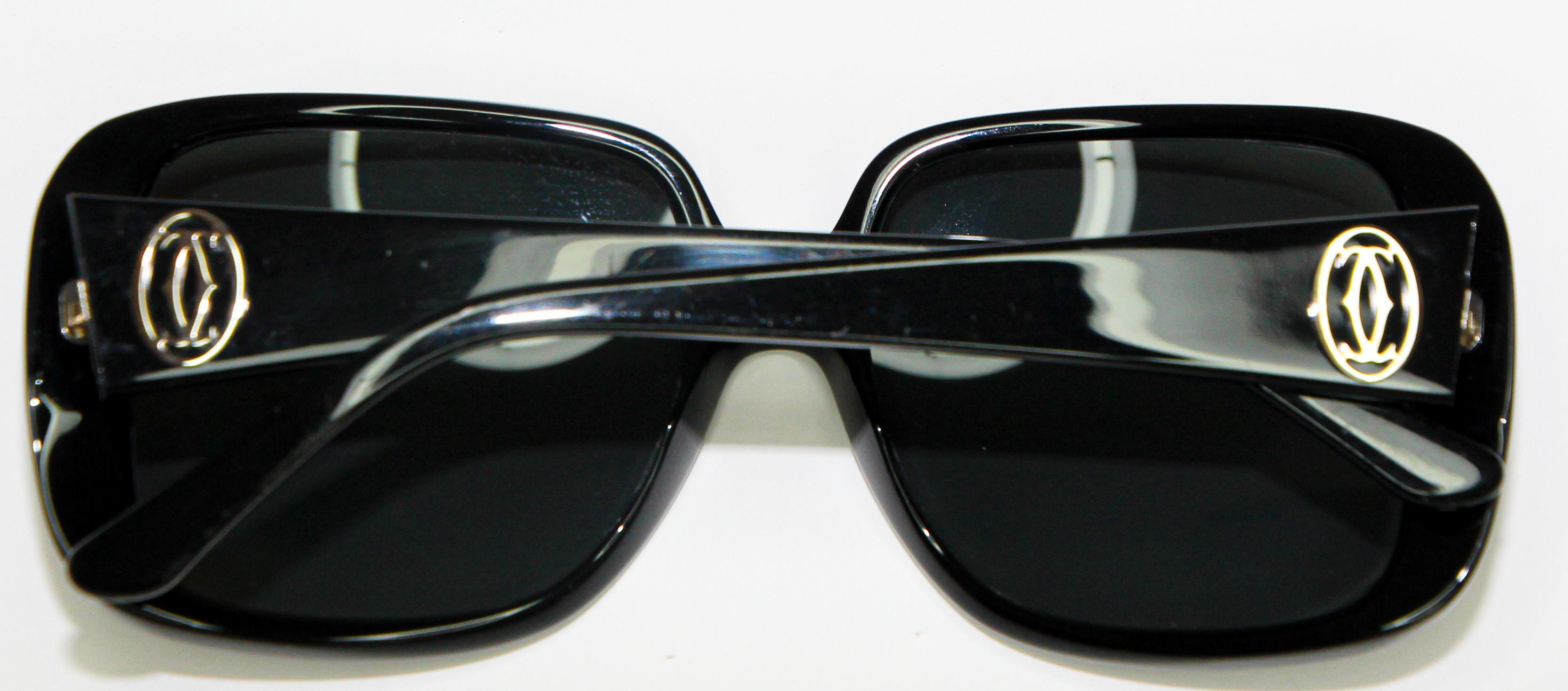 Cartier Vintage Black Sunglasses with Box, 1990 Silver Logo For Sale 3