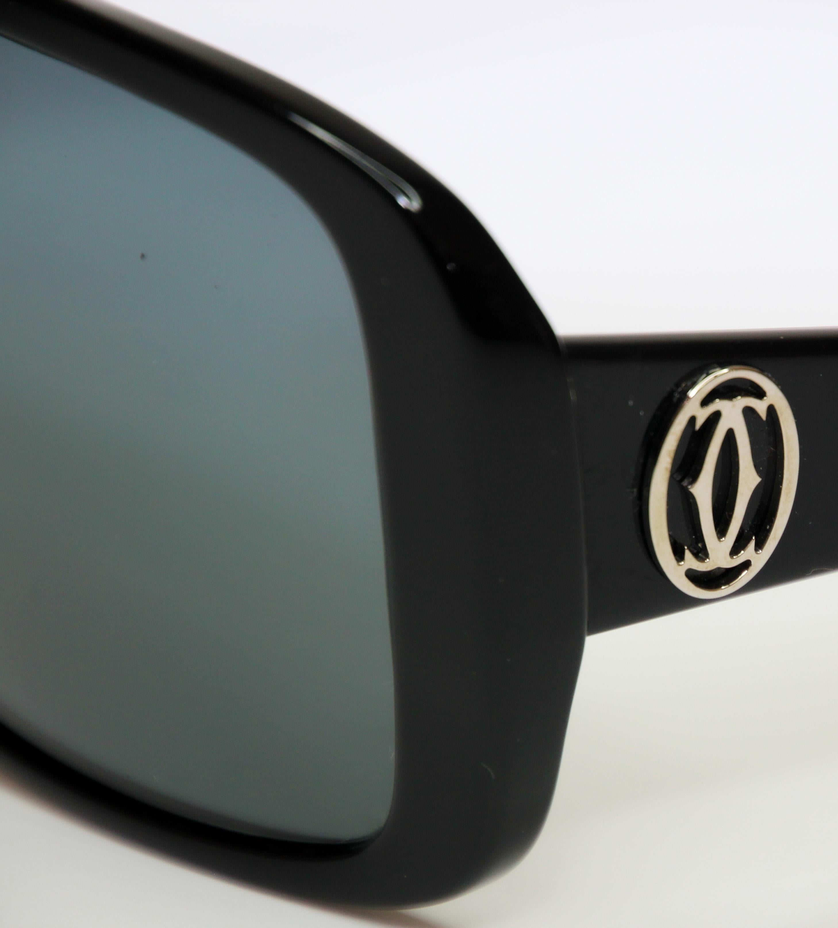 Modern Cartier Vintage Black Sunglasses with Box, 1990 Silver Logo For Sale