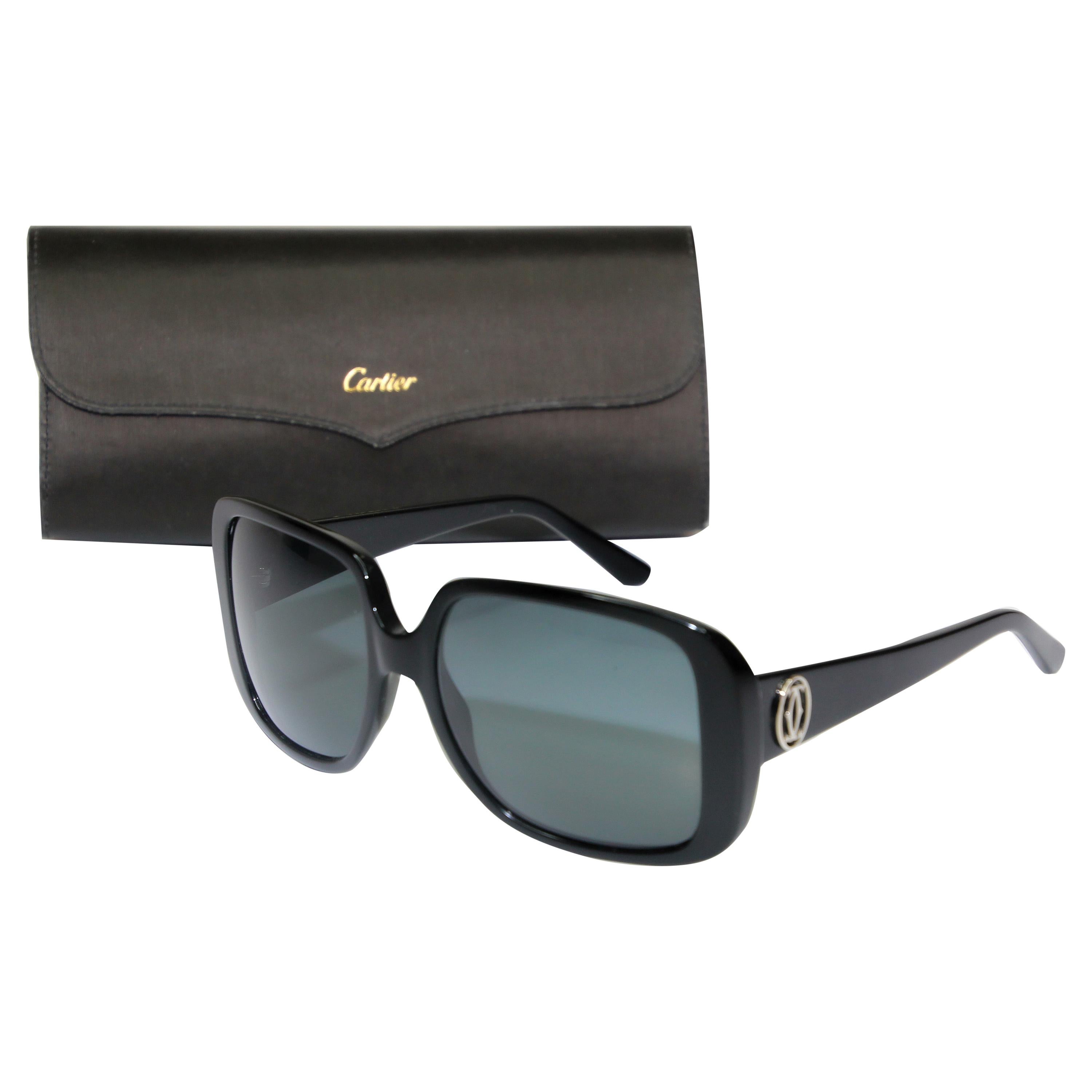 Cartier Vintage Black Sunglasses with Box, 1990 Silver Logo For Sale
