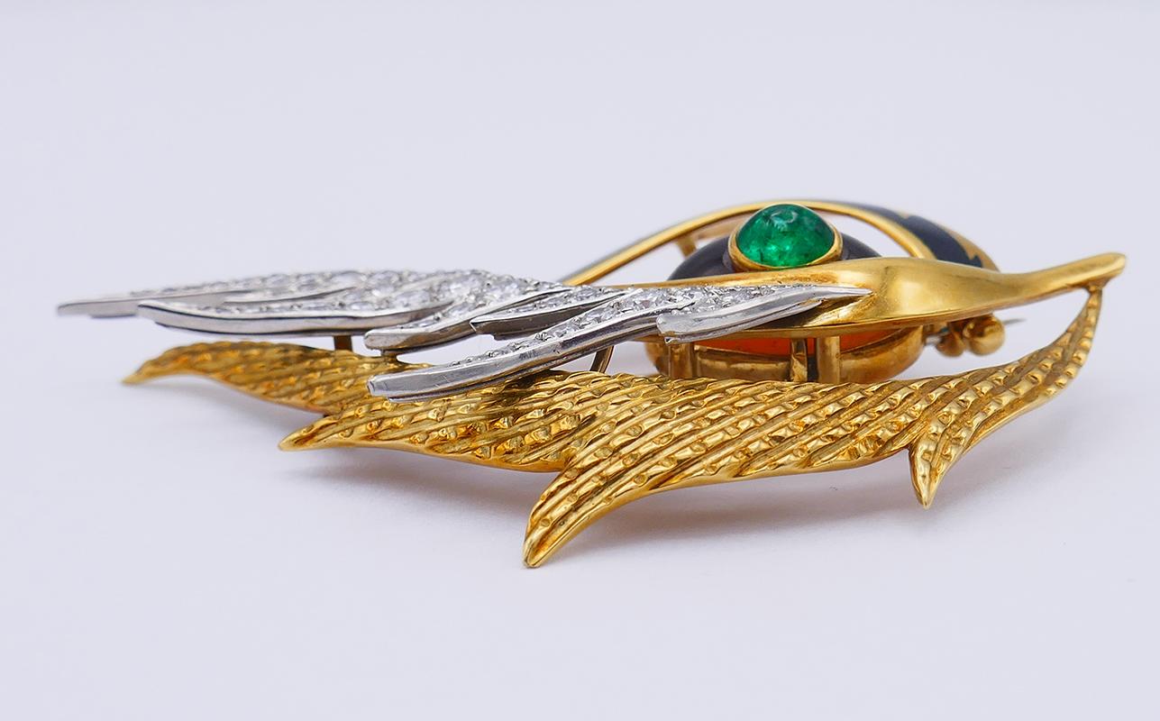 Mixed Cut Cartier Vintage Brooch 18k Gold Gems Enamel Pin Clip Estate Jewelry For Sale