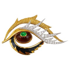 Cartier Retro Brooch 18k Gold Gems Enamel Pin Clip Estate Jewelry