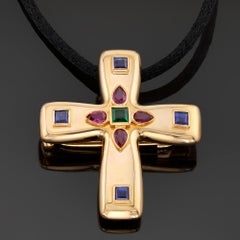 CARTIER Vintage Byzantine Cross Sapphire Ruby Pendant Brooch Necklace