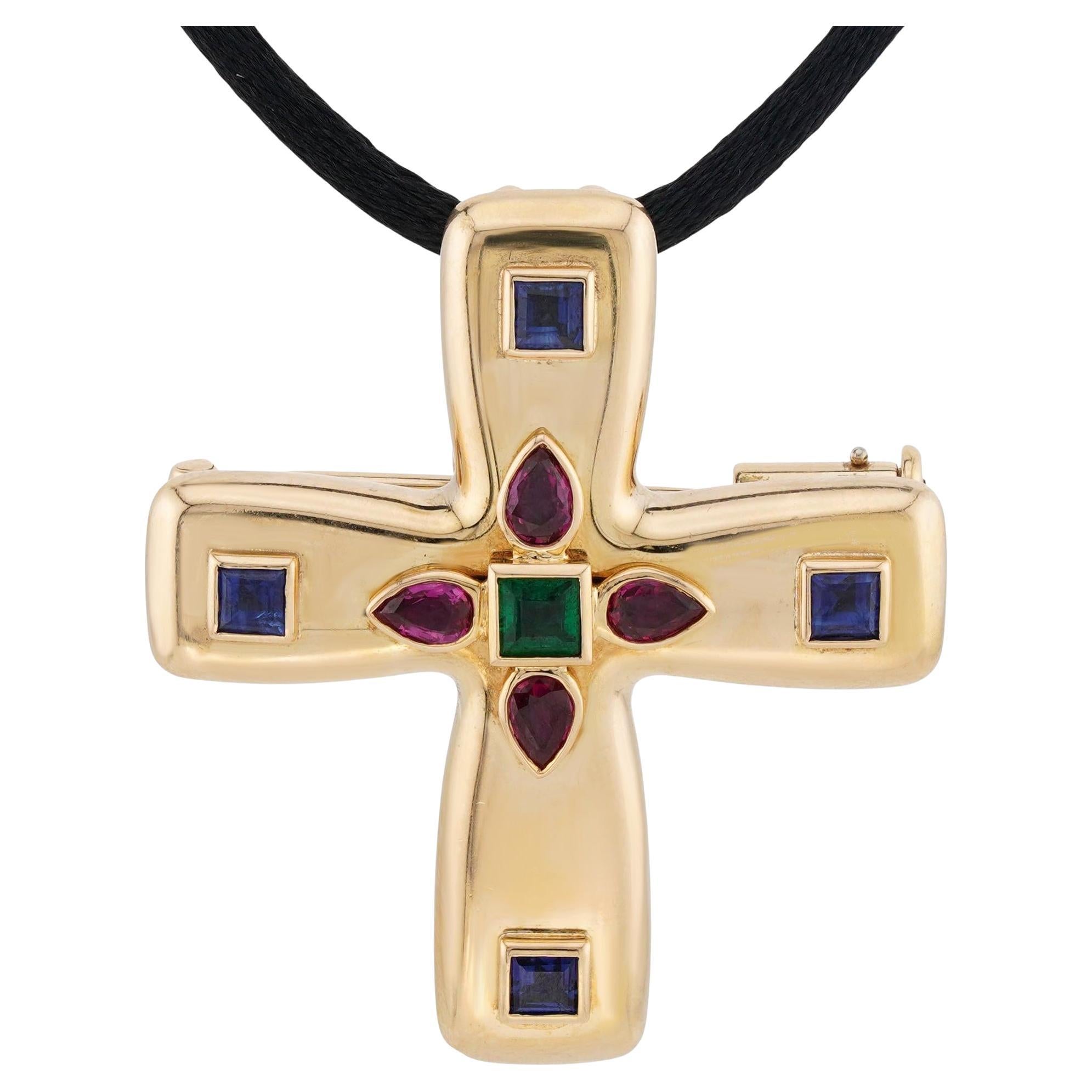 CARTIER Vintage Byzantine Cross Sapphire Ruby Ciondolo Spilla Collana in vendita