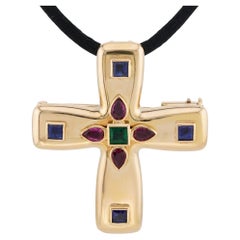 CARTIER Vintage Byzantine Cross Sapphire Ruby Pendant Brooch Necklace