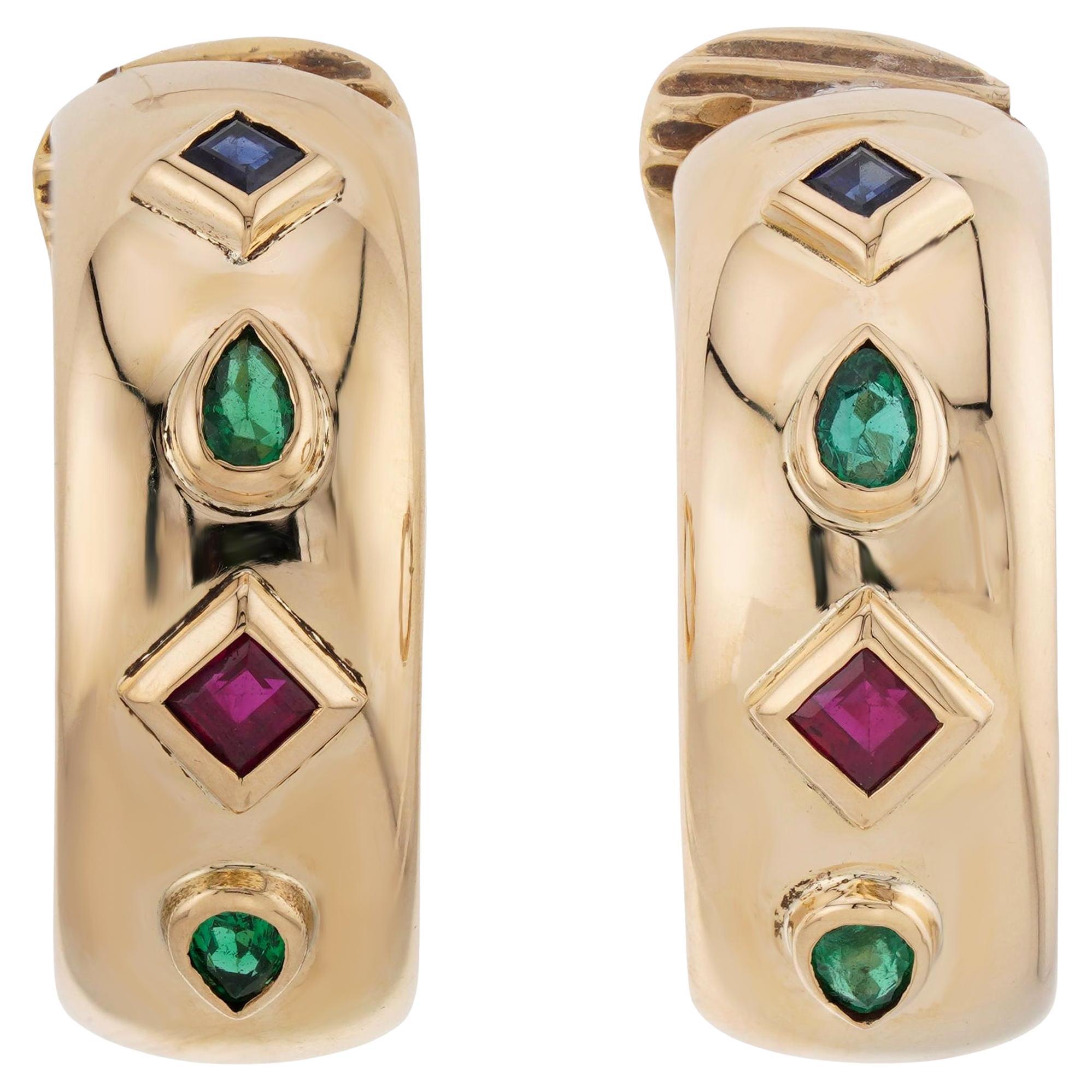 CARTIER Vintage Byzantine Ruby Emerald Sapphire Yellow Gold Earrings