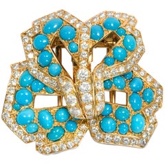 Cartier Vintage circa 1970 Turquoise 3.20 Ct Diamond 18 Karat Gold Flower Brooch