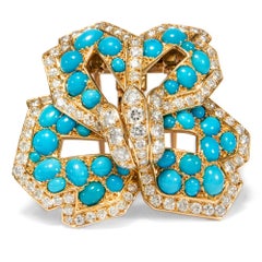 Cartier Vintage circa 1970 Turquoise 3.20 Ct Diamond 18 Karat Gold Flower Brooch