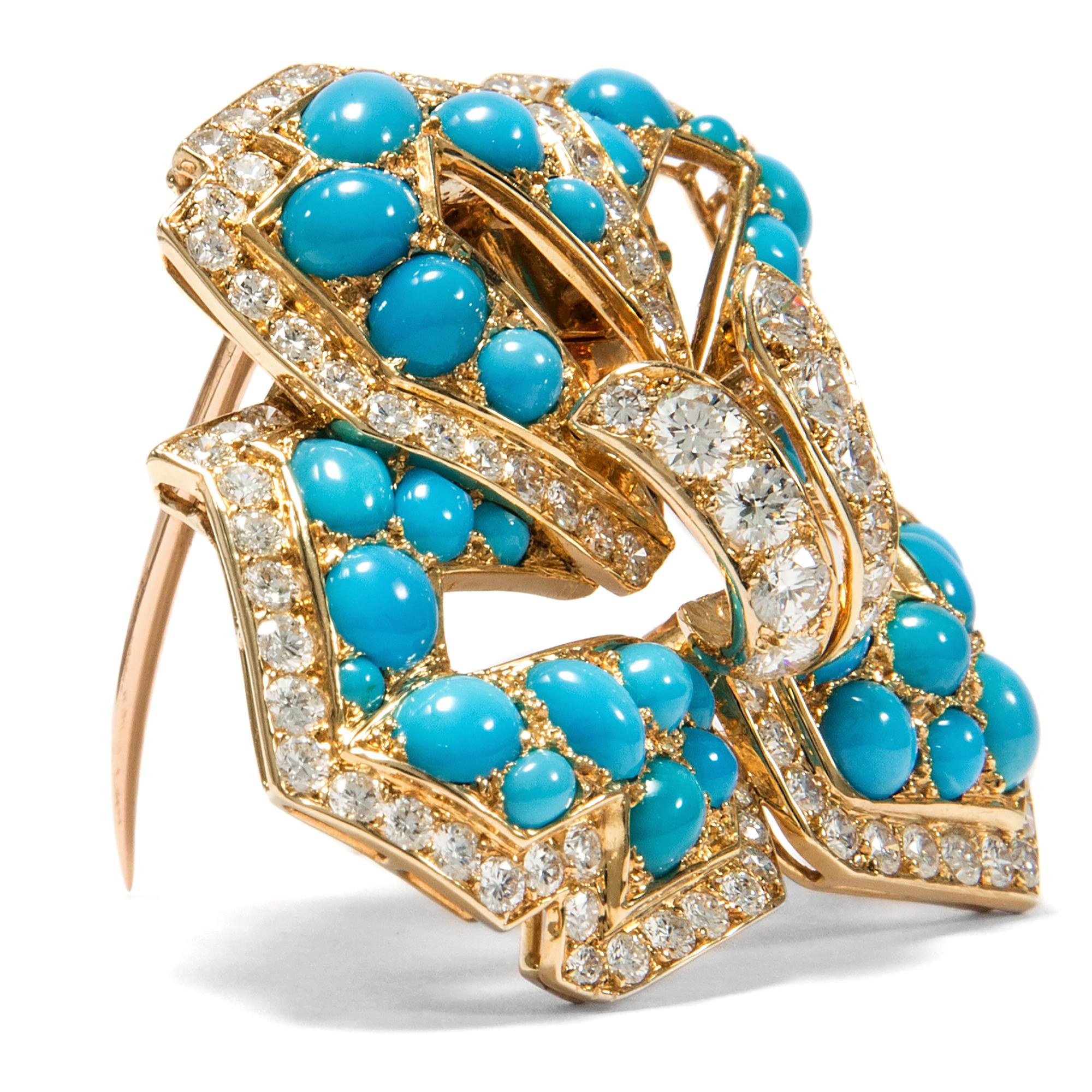 Retro Cartier Vintage circa 1970 Turquoise 3.20 Ct Diamond 18 Karat Gold Flower Brooch For Sale