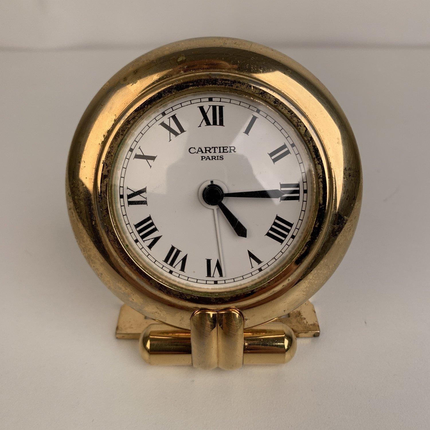 Cartier Vintage Colisee Gold Metal Desk Table Clock Alarm Time Piece 1