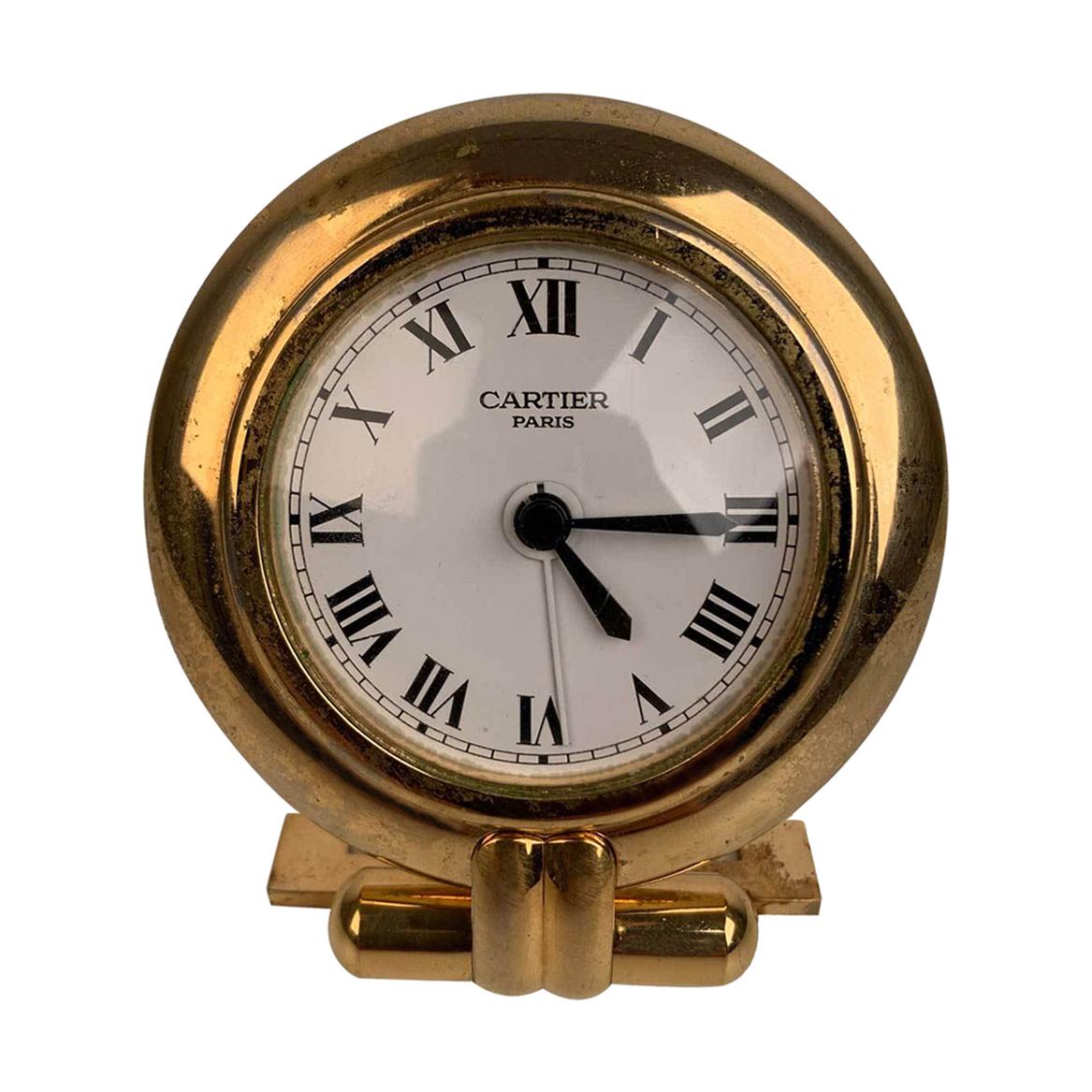 Cartier Vintage Colisee Gold Metal Desk Table Clock Alarm Time Piece