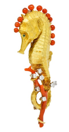 Cartier Vintage Coral Diamond Emerald 18 Karat Gold Seahorse Brooch