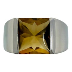 Cartier Vintage Deep Orange Citrine 18k White Gold Tank Solo Band Ring 52