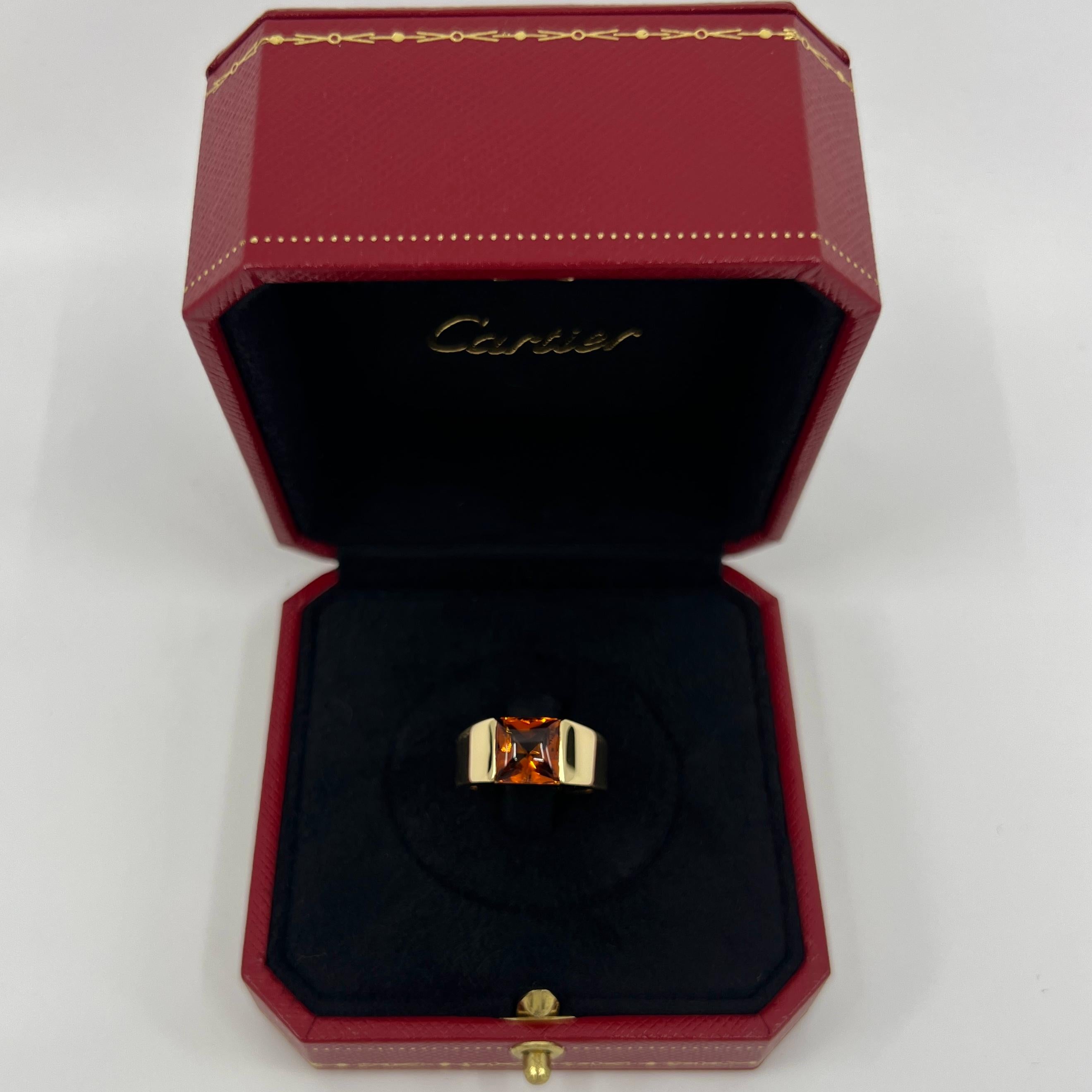 Square Cut Cartier Vintage Deep Orange Citrine 18k Yellow Gold Tank Solo Band Ring 51 For Sale