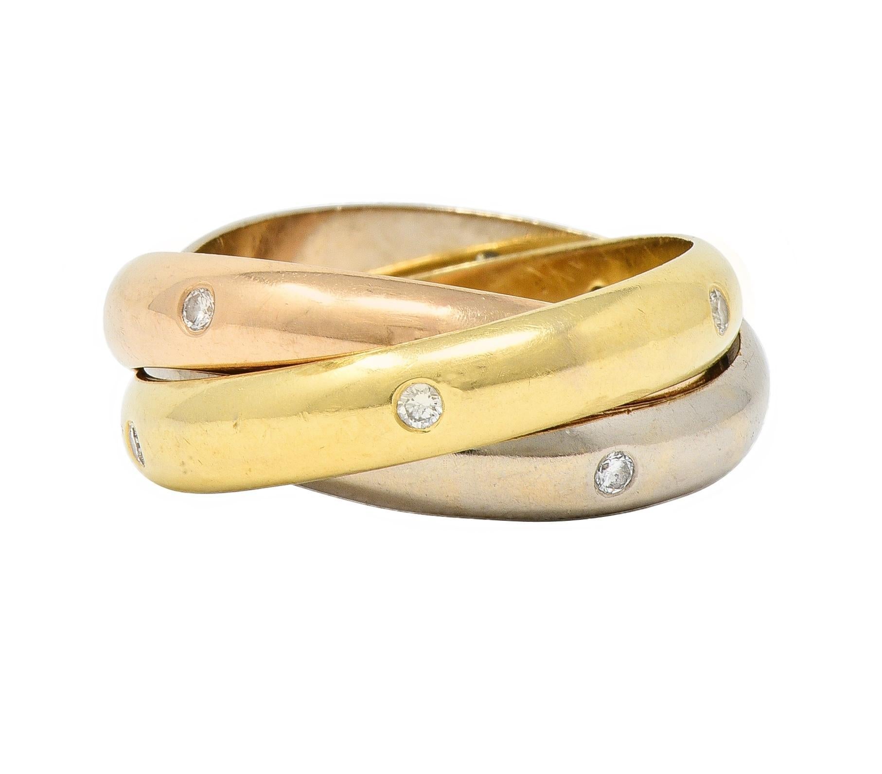 Brilliant Cut Cartier Vintage Diamond 18 Karat Tri-Colored Gold Trinity Rolling Band Ring For Sale