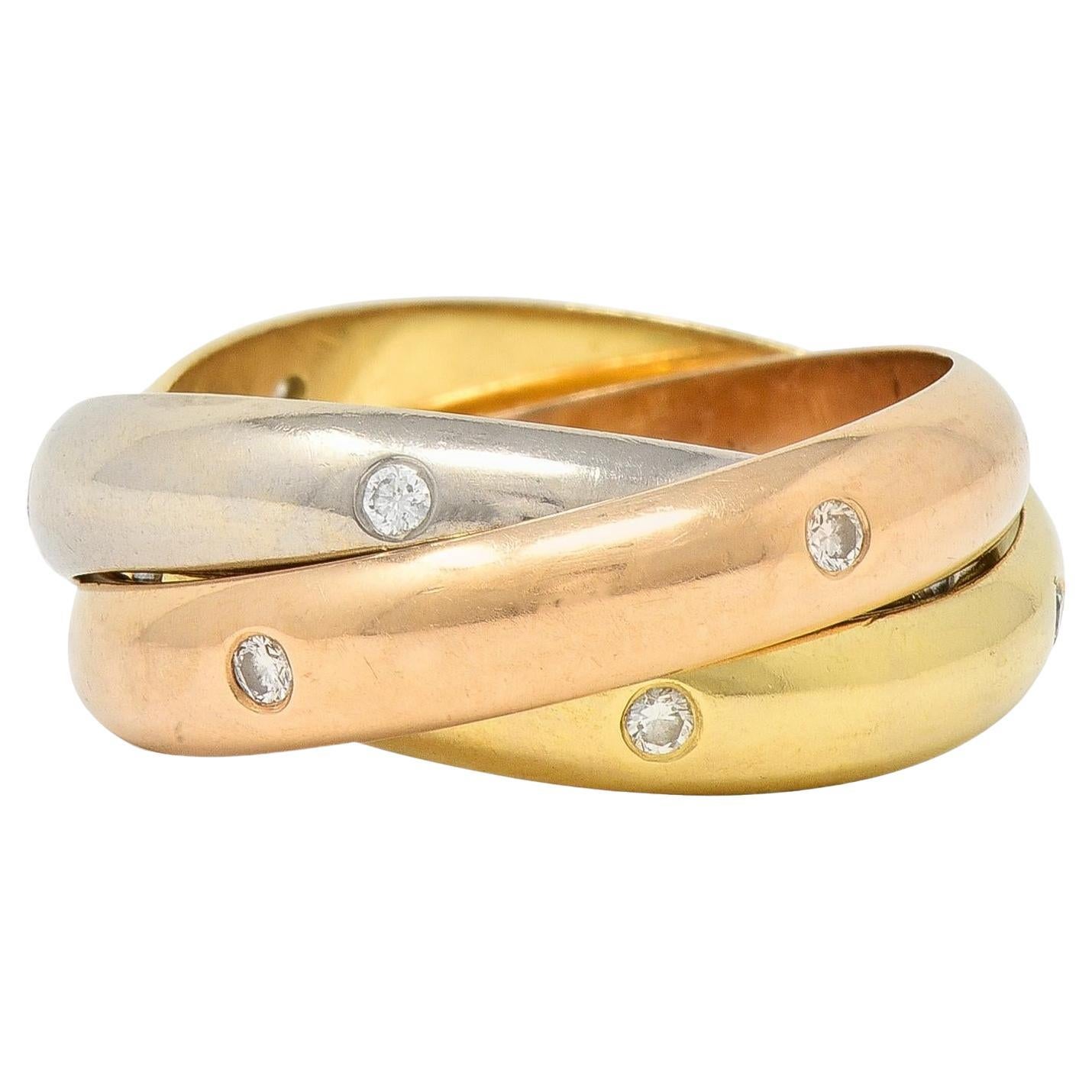 Cartier Vintage Diamond 18 Karat Tri-Colored Gold Trinity Rolling Band Ring For Sale