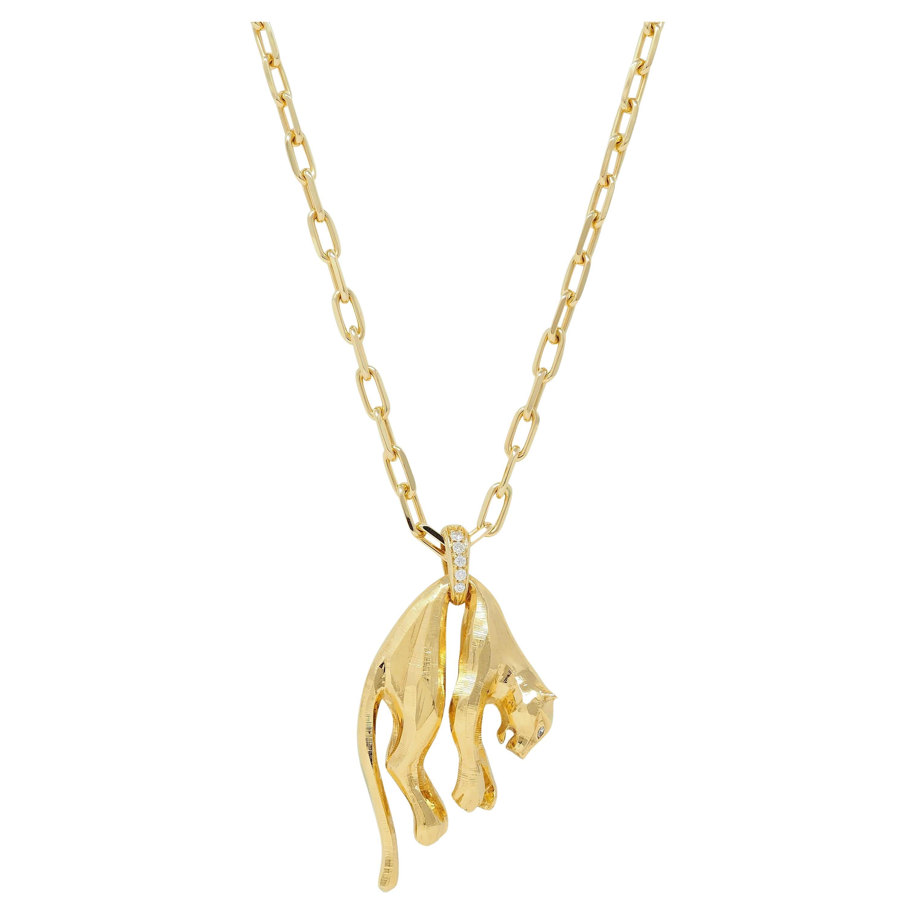 Cartier Vintage Diamond 18 Karat Yellow Gold Hanging Panthere Pendant Necklace For Sale