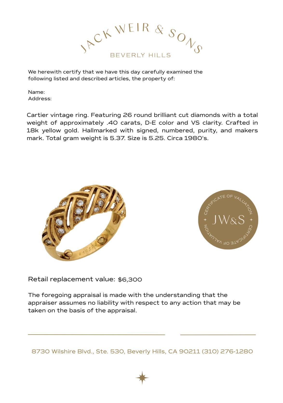 Women's Cartier vintage diamond 18k yellow gold ring For Sale