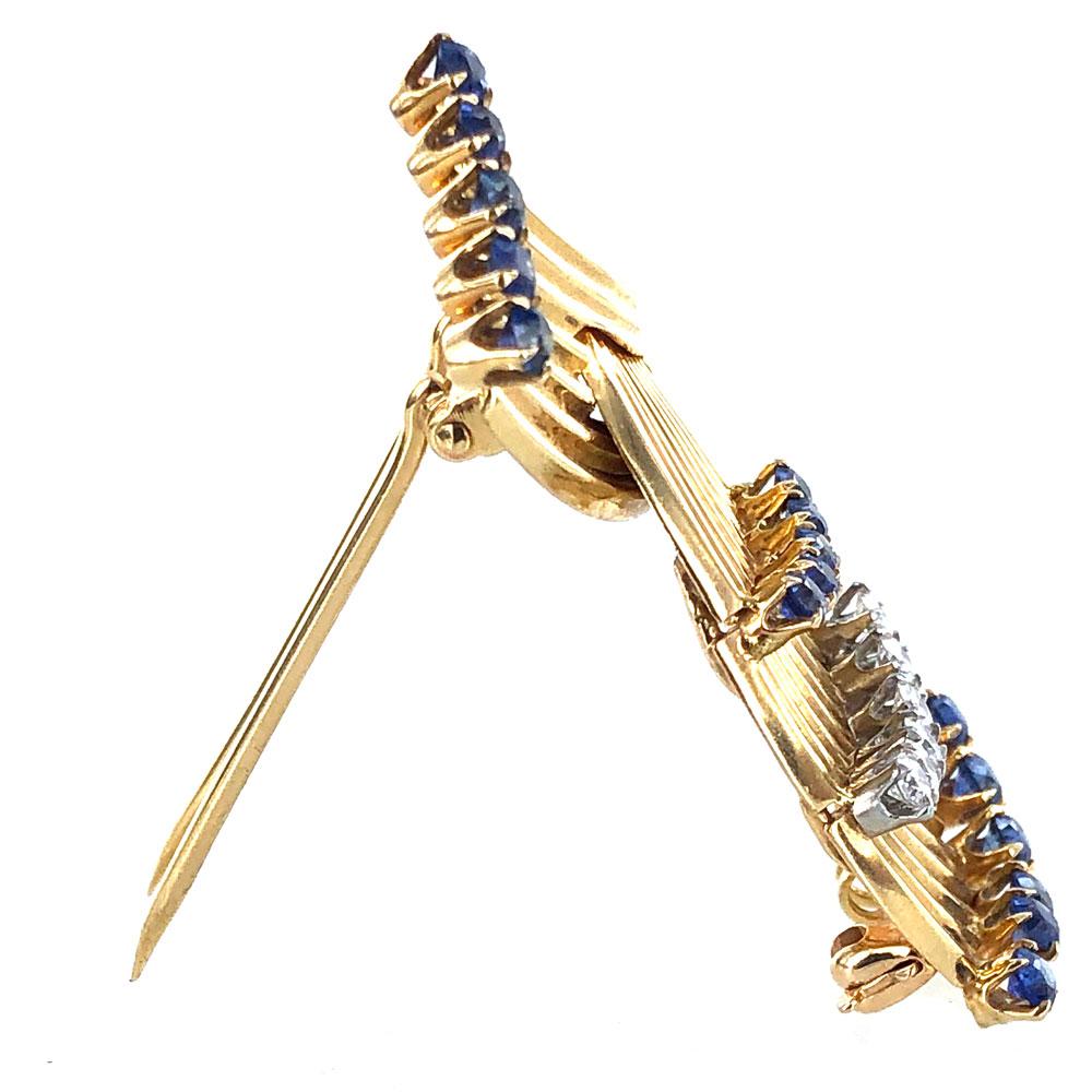 Round Cut Cartier Vintage Diamond Blue Sapphire Ribbon 18 Karat Yellow Gold Pin Brooch