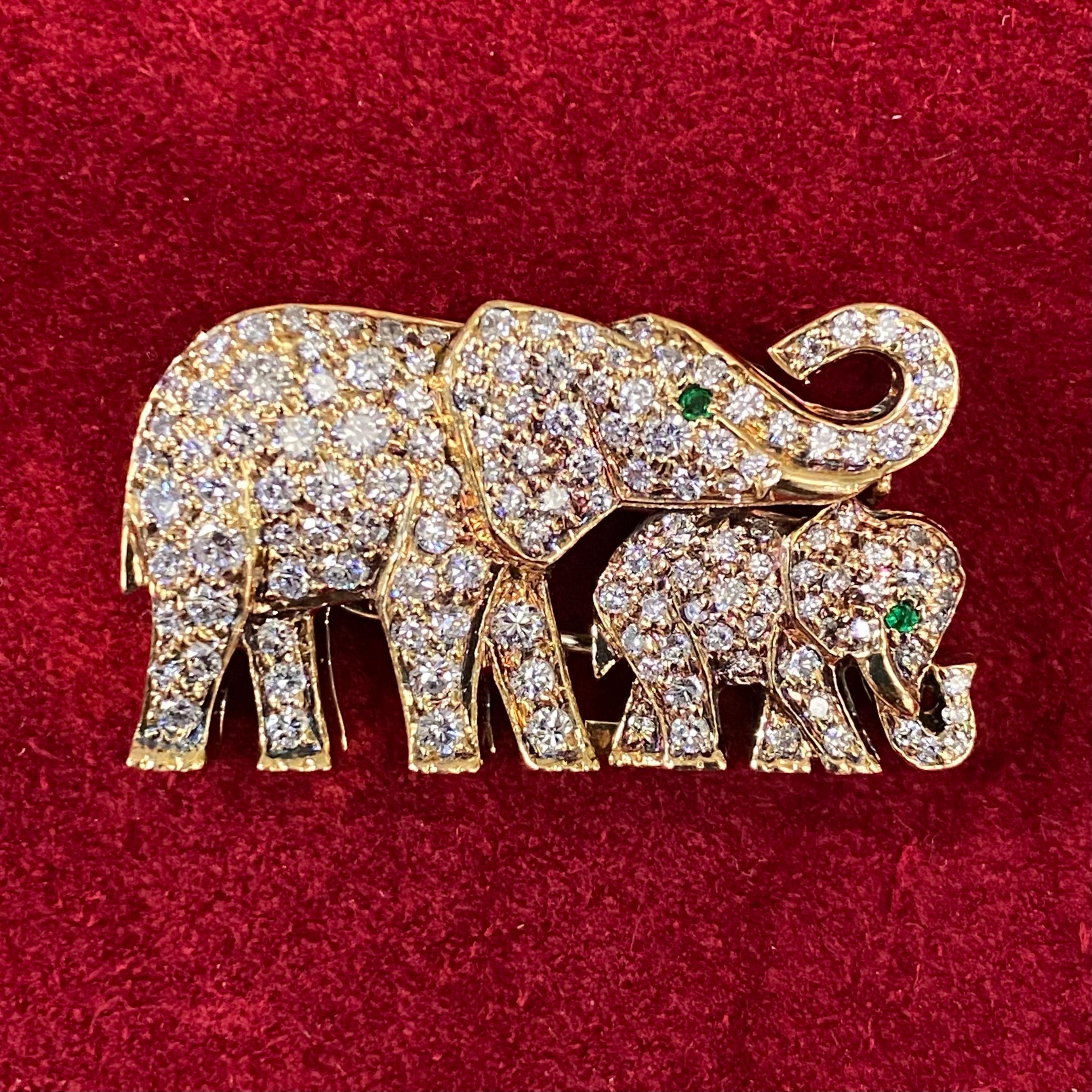 Cartier Vintage Diamond Emerald Elephant Baby Calf Brooch Pin Yellow Gold, 1990s 8