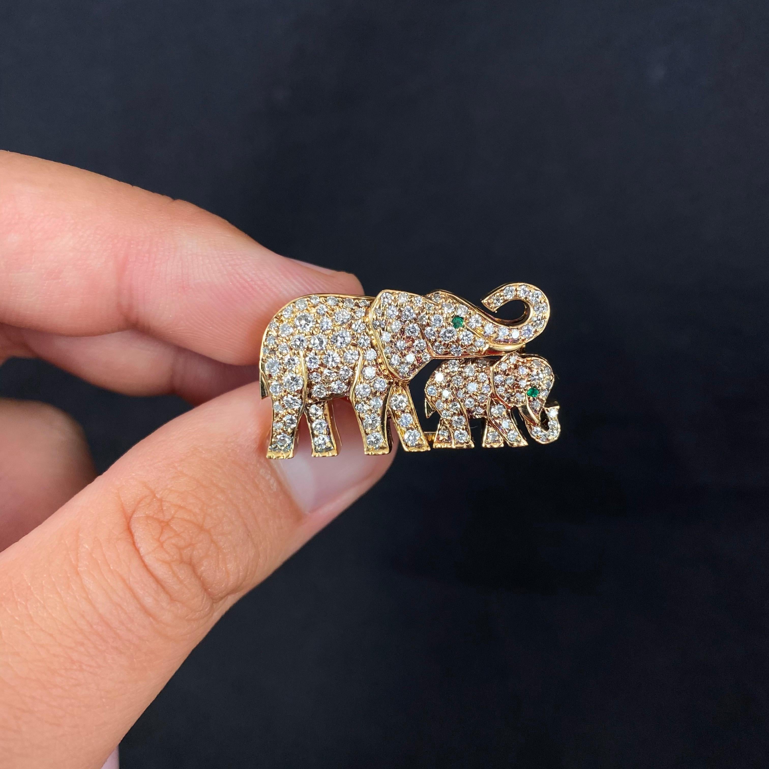 Cartier Vintage Diamond Emerald Elephant Baby Calf Brooch Pin Yellow Gold, 1990s In Good Condition In Lisbon, PT