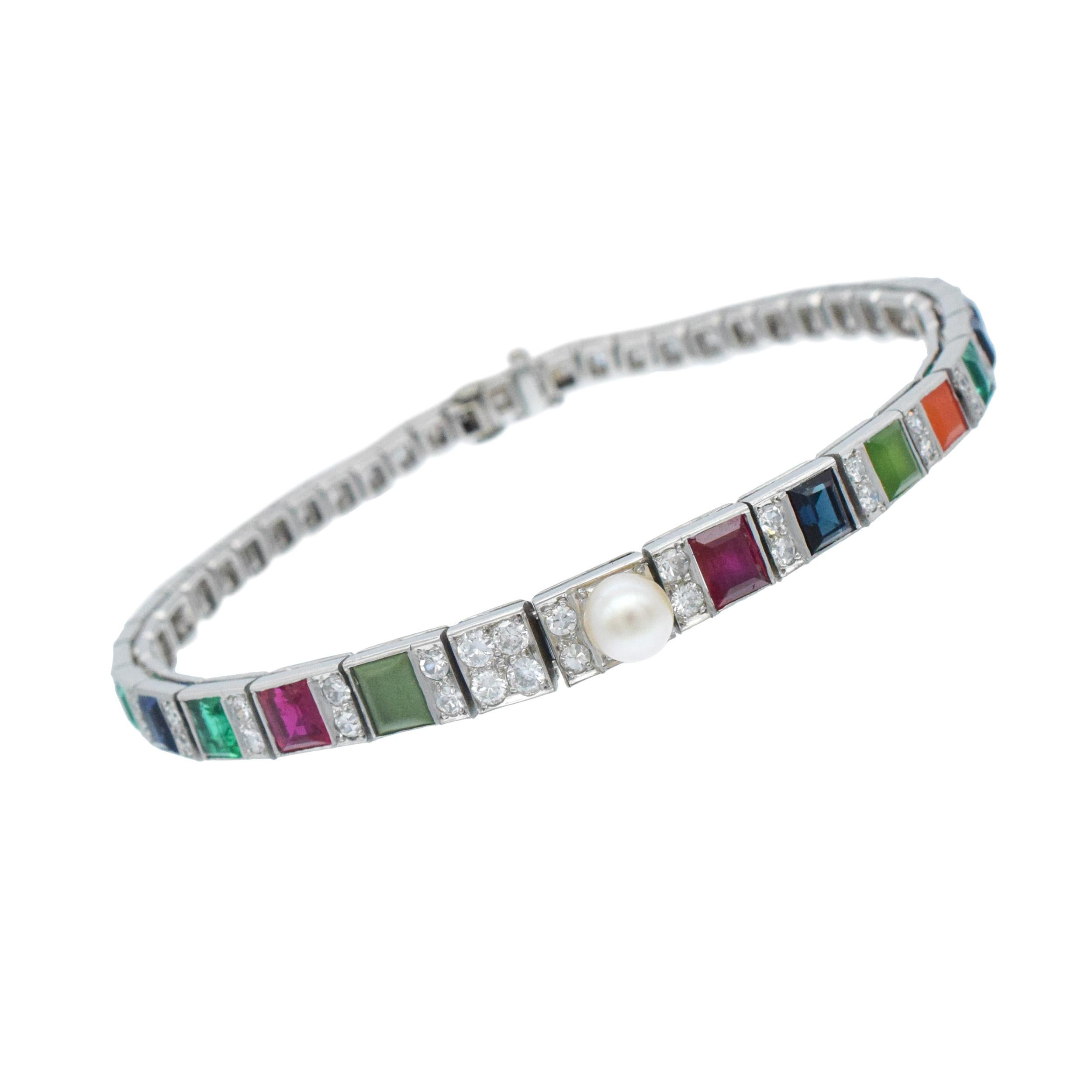 CARTIER Bracelet Vintage en diamant, pierres précieuses et perles en platine. en vente 8