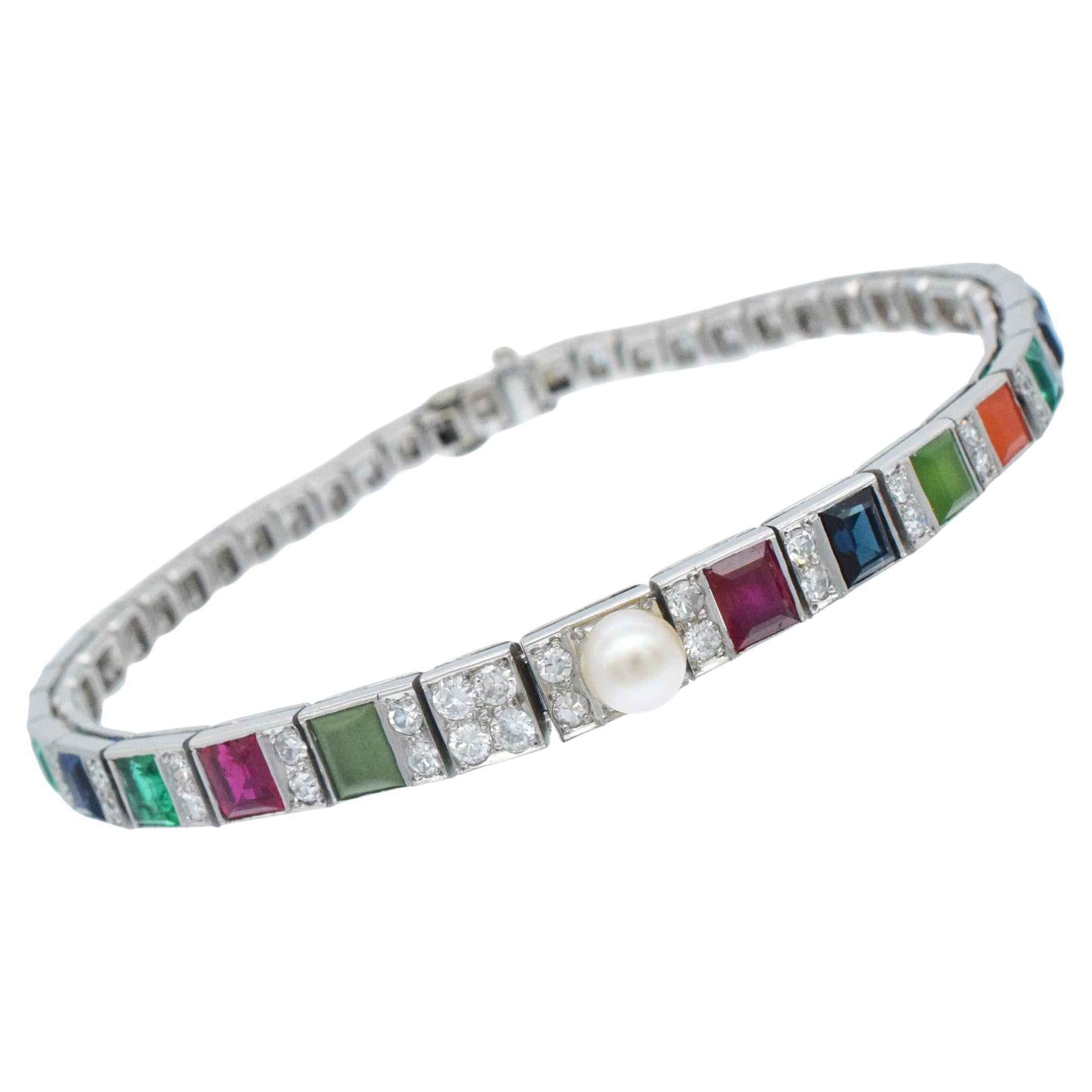 CARTIER Bracelet Vintage en diamant, pierres précieuses et perles en platine. en vente