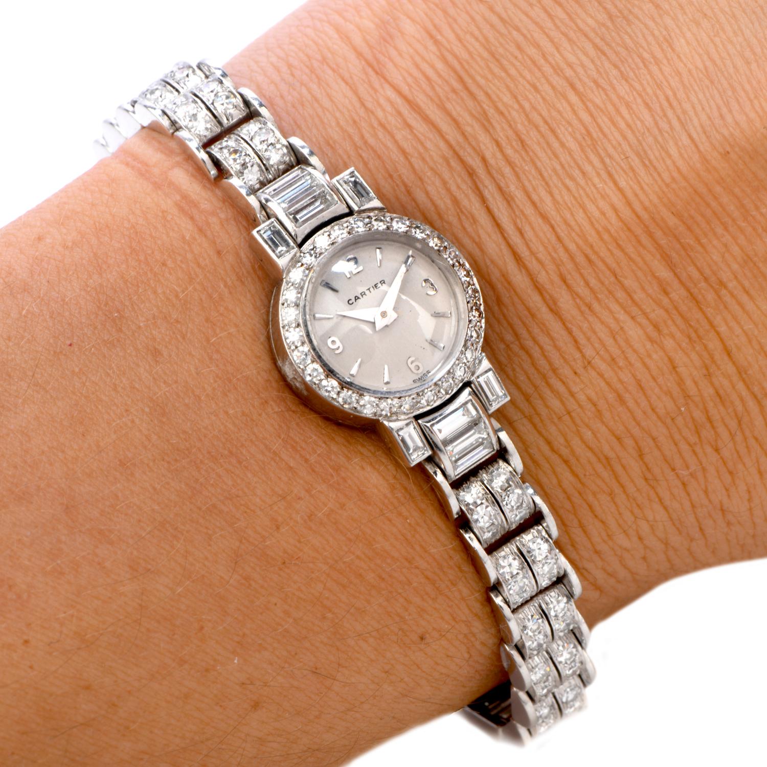 Round Cut Cartier Vintage Diamond Platinum Swiss Collectible Ladies Watch