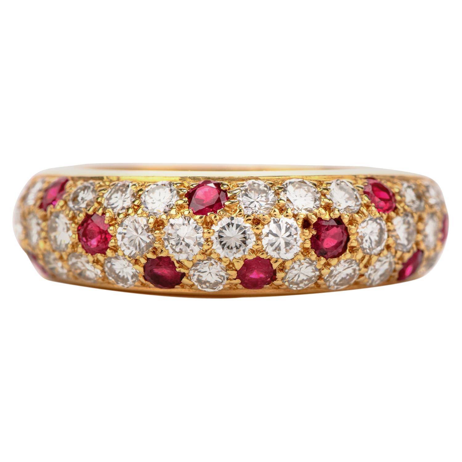 Cartier Vintage Diamond Ruby 18 Karat Gold Pave Dome Bombe Band Ring