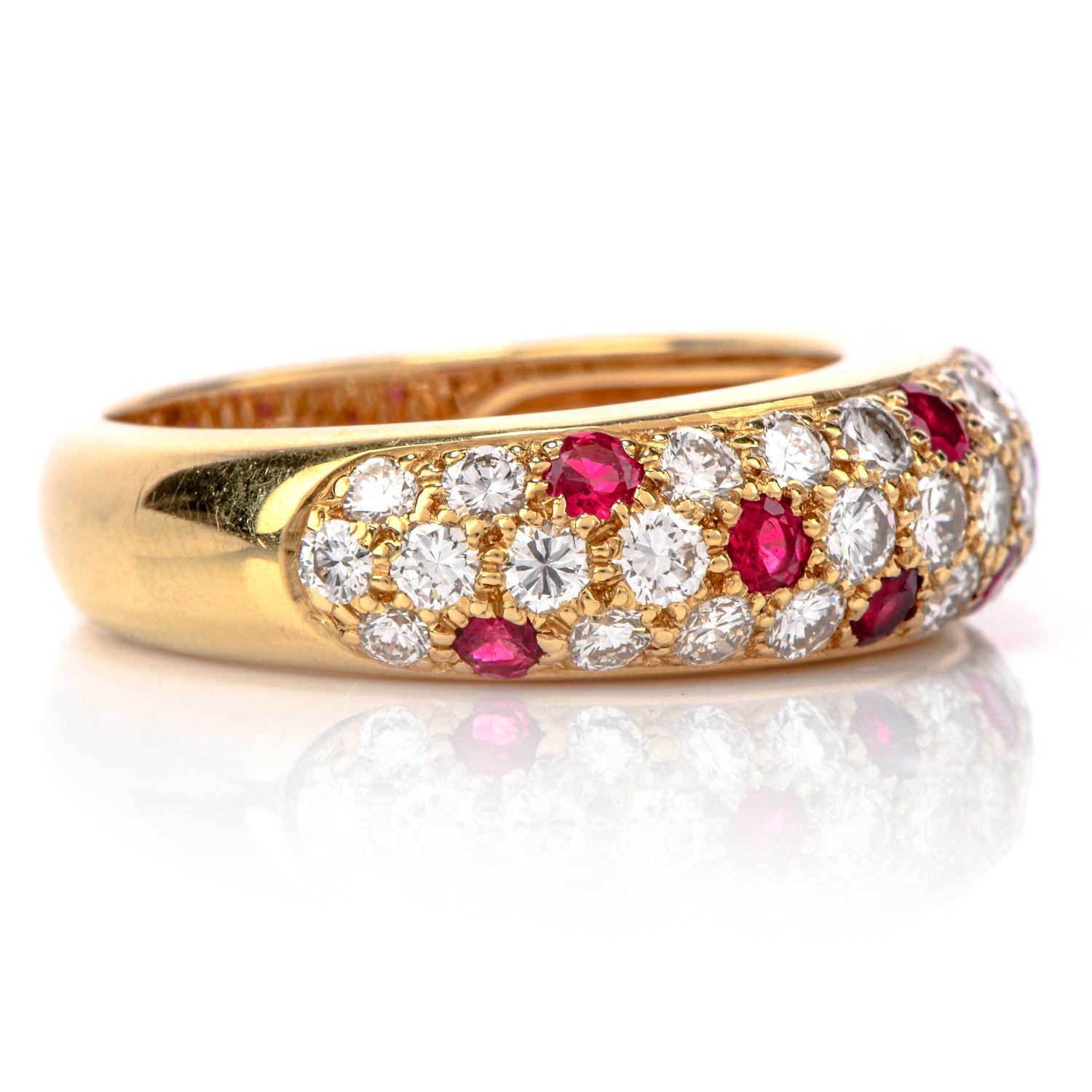Adore this 90s Vintage Cartier Diamond Ruby 18K Gold Pave Bombe Band Ring!  This ring is crafted in 18 karat yellow gold by the prestigious Cartier brand.  This French made beautiful ring has 34 genuine round cut diamonds, pave set, of approximately