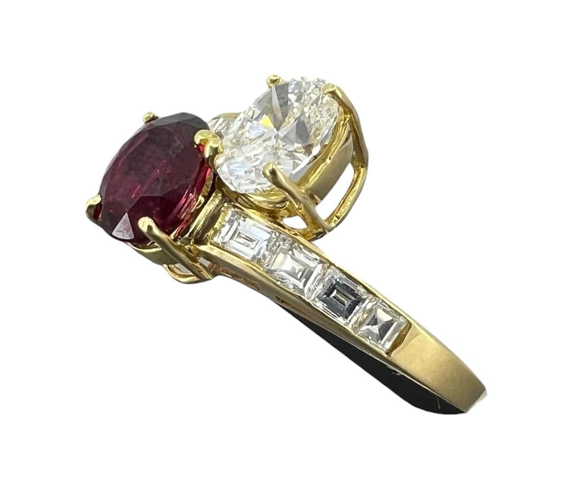 A beautiful vintage Cartier diamond ruby ring made of 18k gold.

It’s a toi et moi (“you and me”) ring with two gemstones mounted next to each other.

​The toi et moi design is thought to be originated by Napoleon Bonaparte. It’s a symbol of two