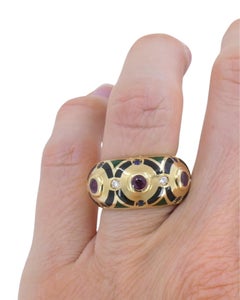 Cartier Vintage Dome Ring Gold Gemstones Enamel Size 5.75