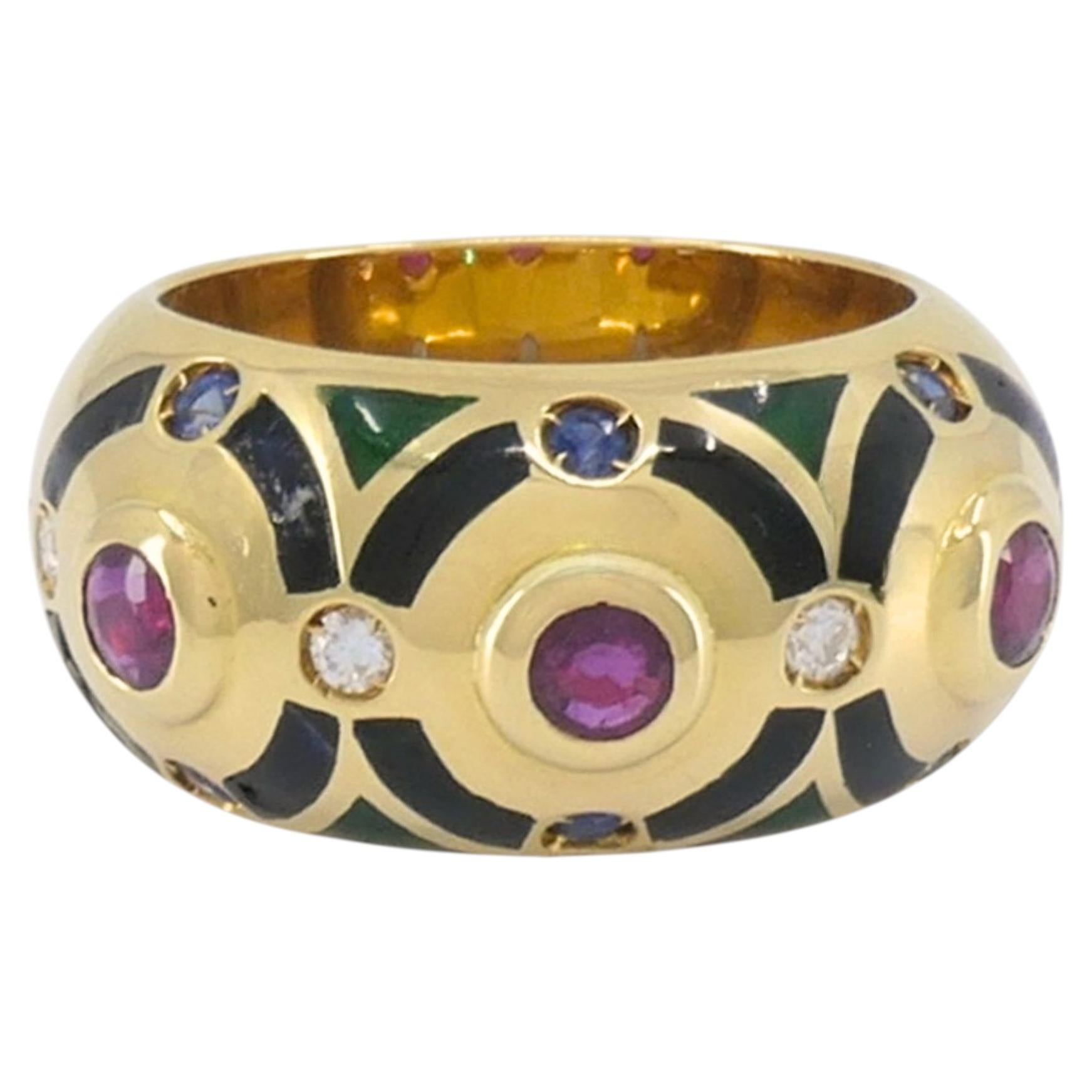 Cartier Vintage Anillo Cúpula Oro Piedras Preciosas Esmalte Talla 5.75