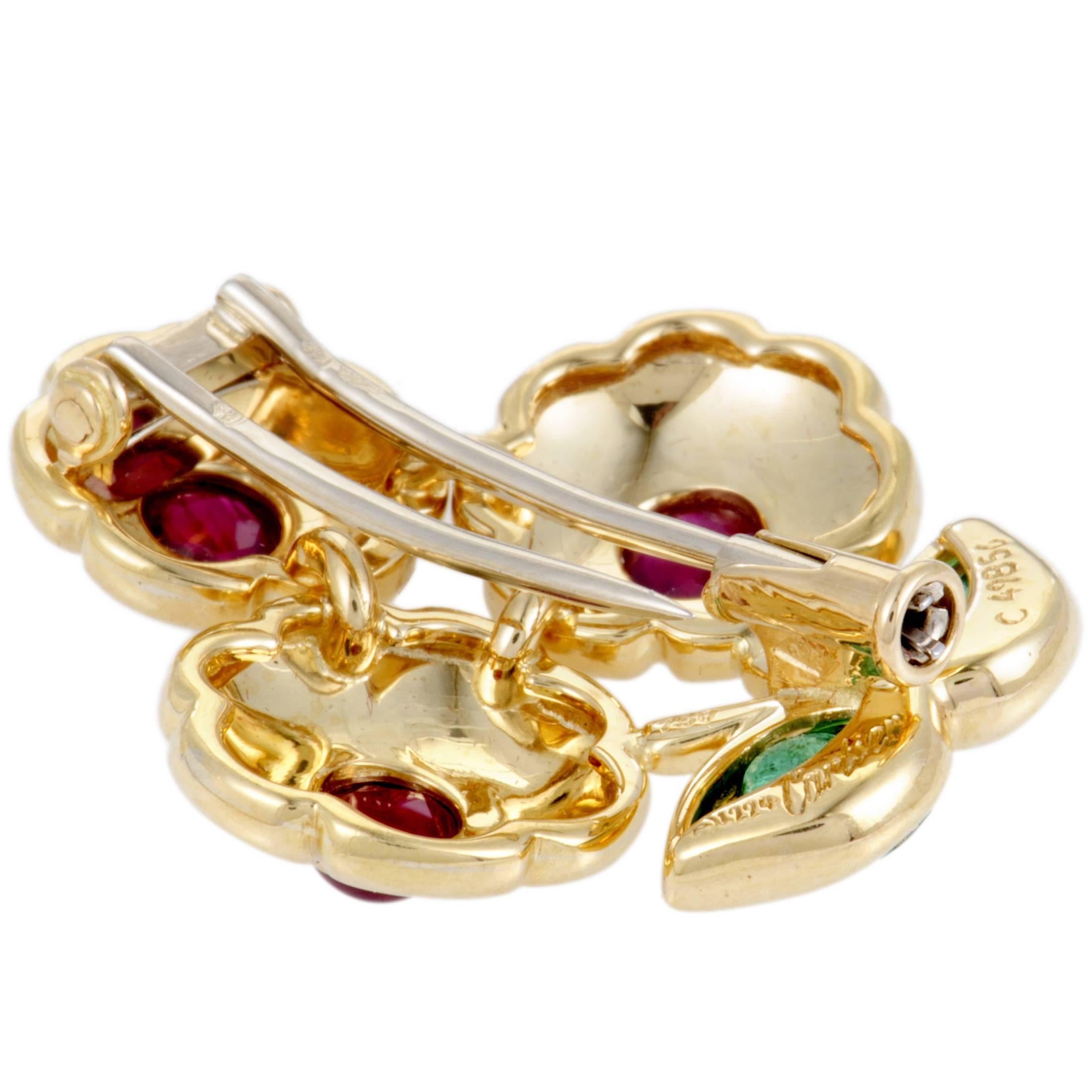 Round Cut 1960s Cartier Emerald Ruby Gold Flower Brooch