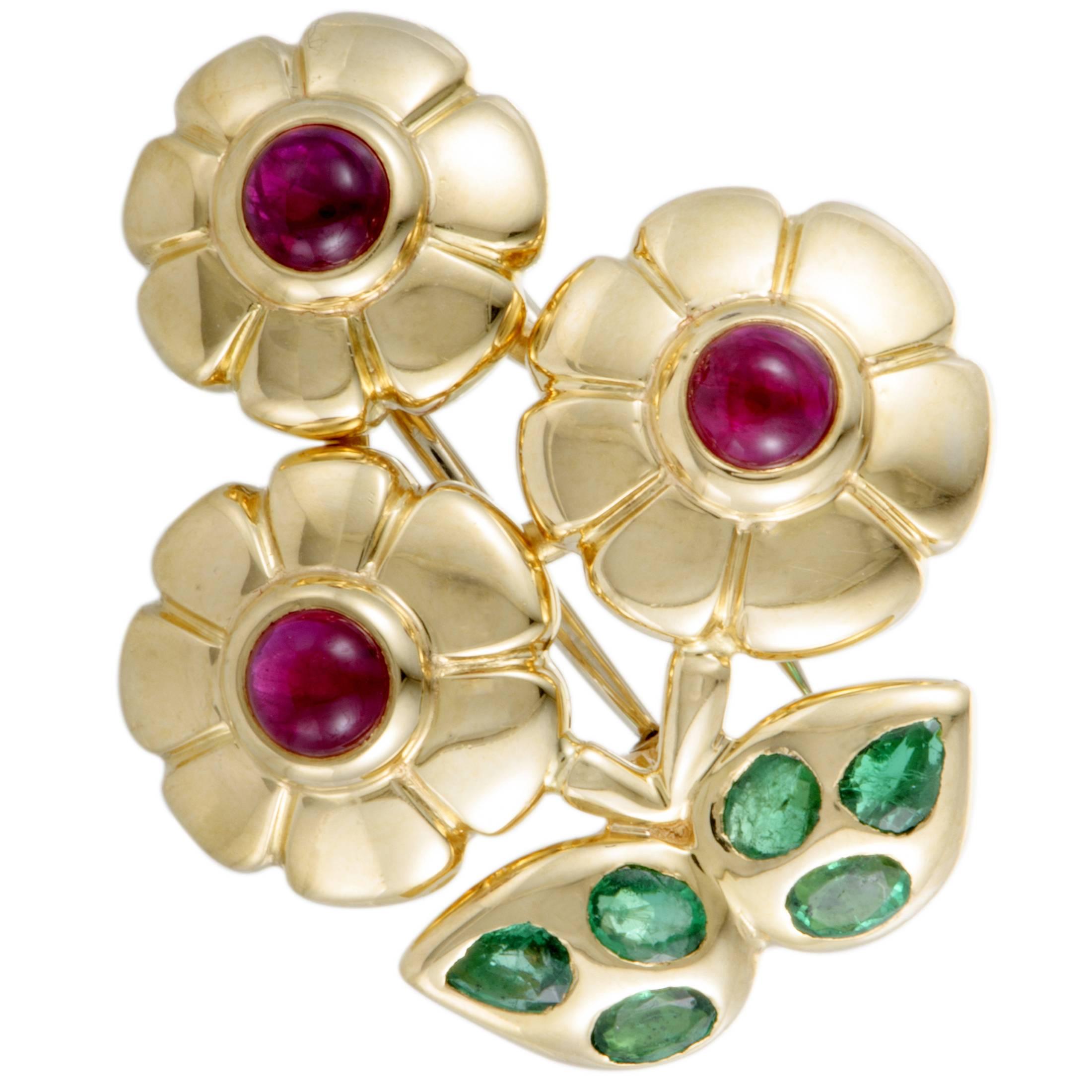 1960s Cartier Emerald Ruby Gold Flower Brooch