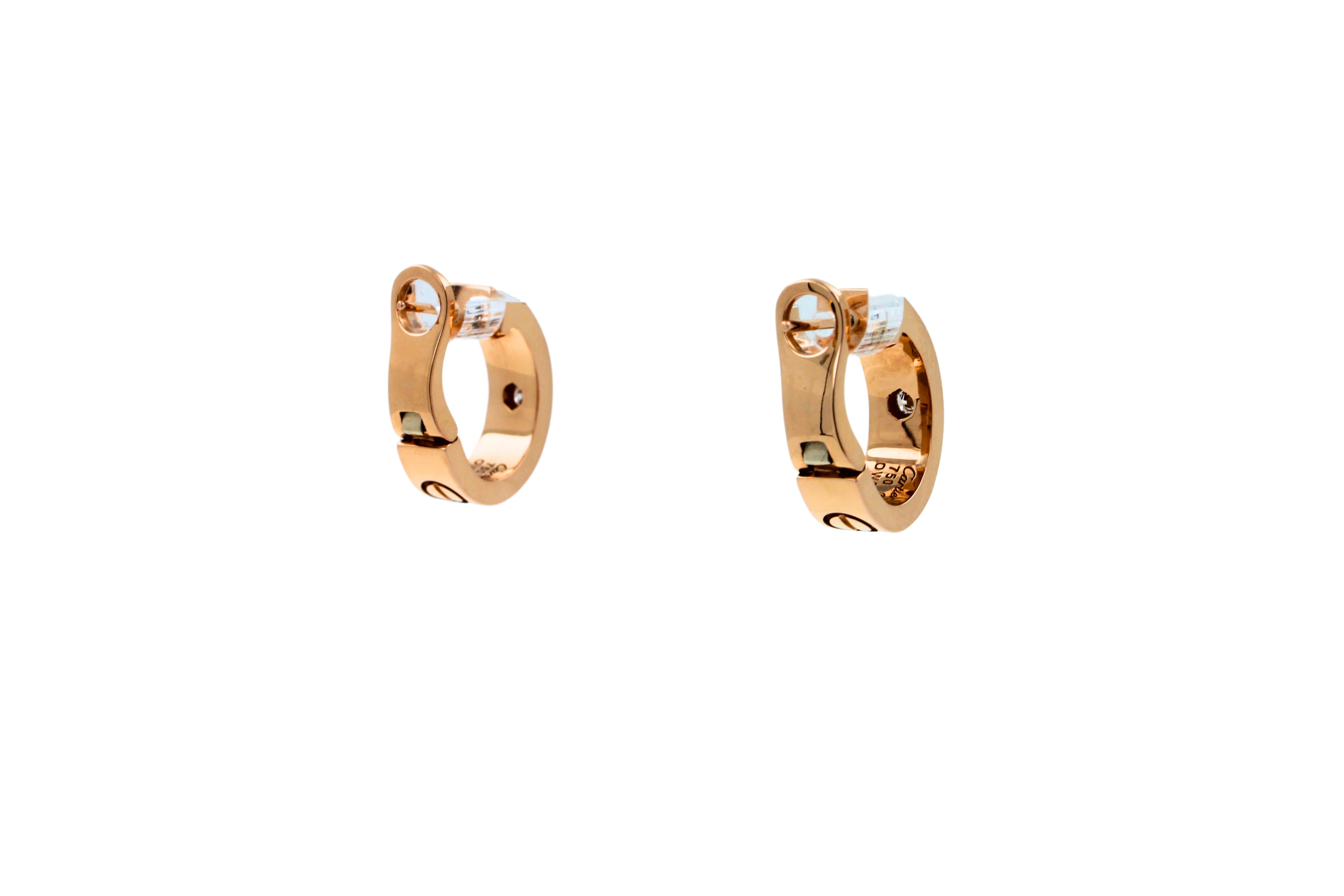 Round Cut Cartier Vintage Estate Love Diamond Bezel 18k Rose Gold Huggie Hoop Earrings