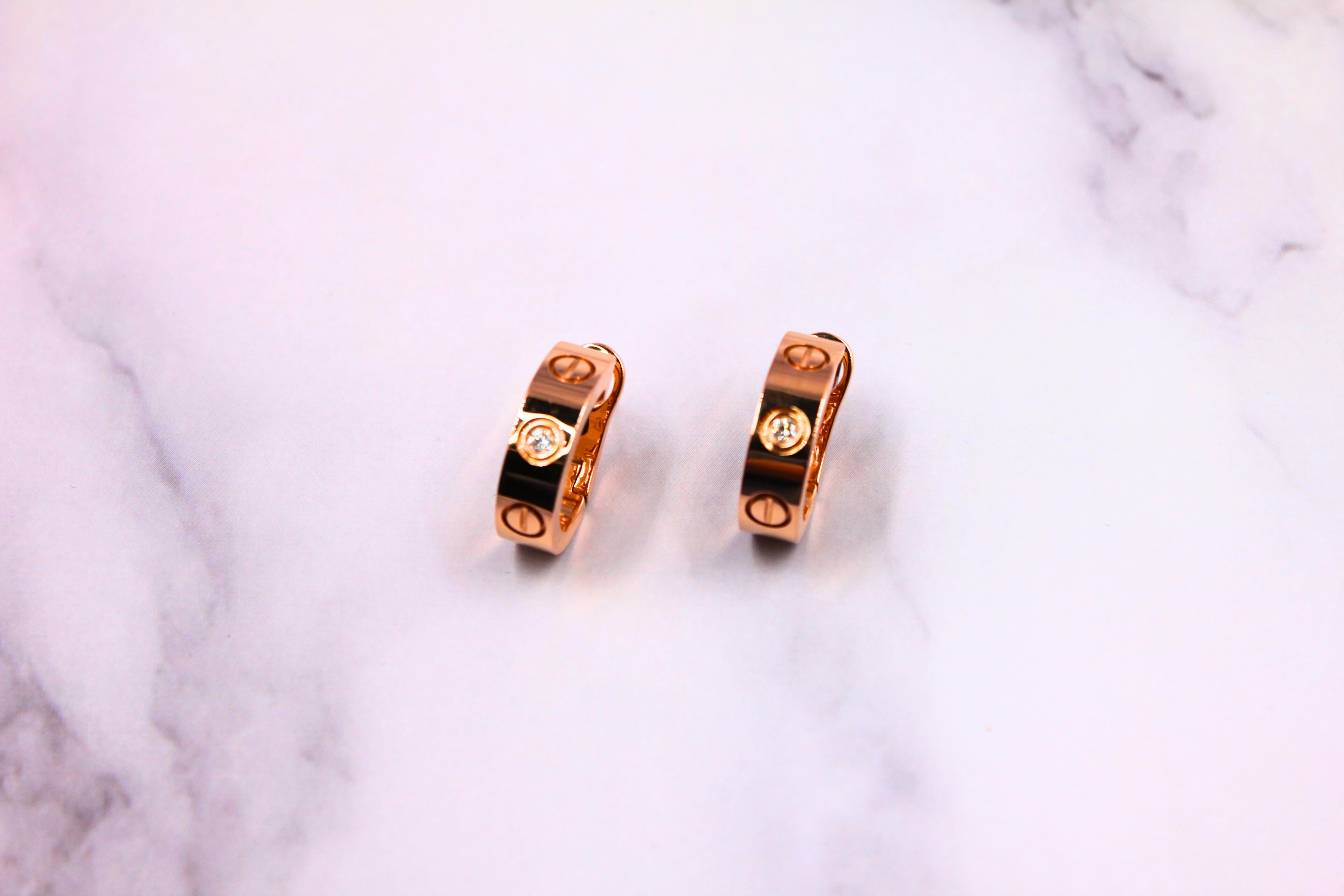 Women's or Men's Cartier Vintage Estate Love Diamond Bezel 18k Rose Gold Huggie Hoop Earrings