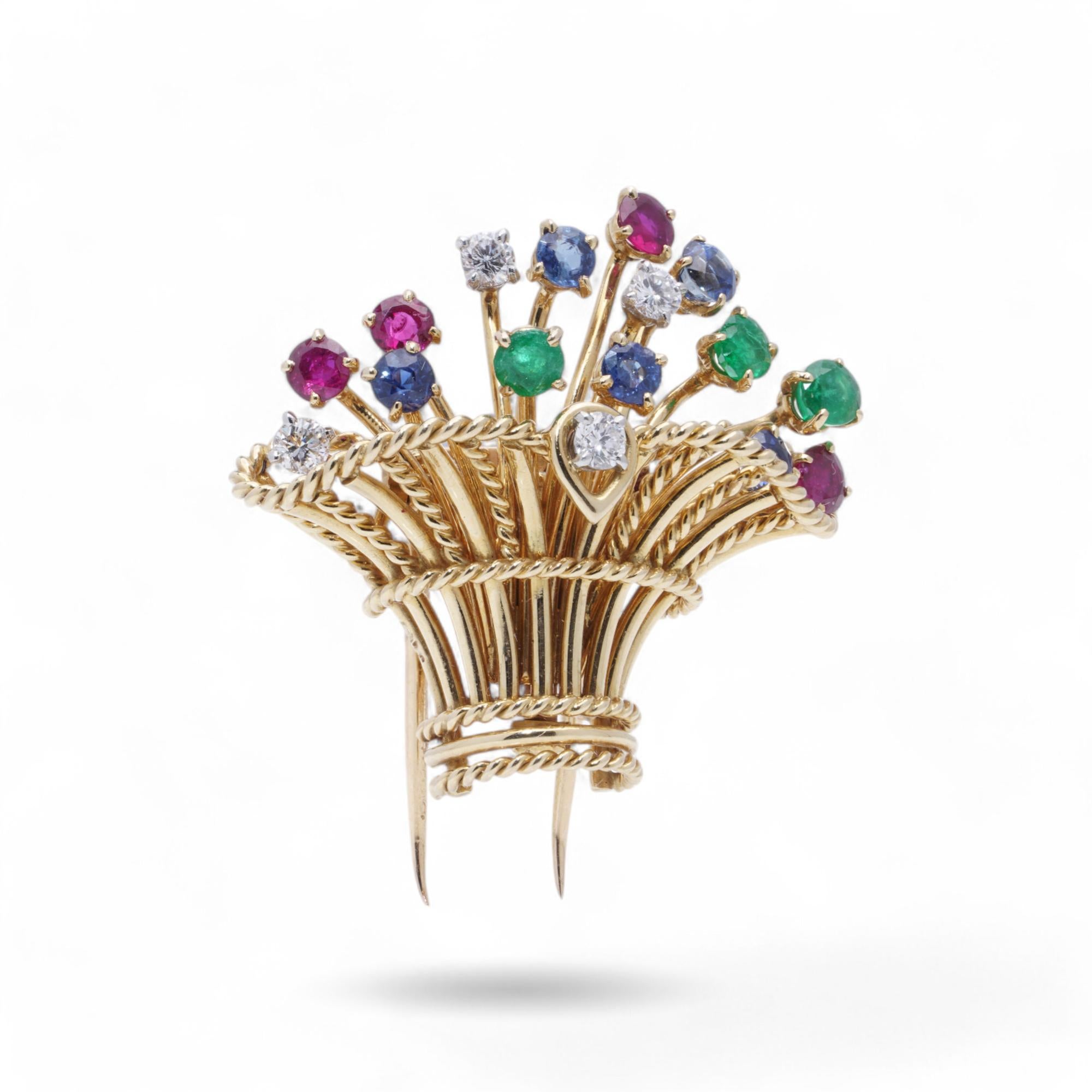 Cartier Vintage Flower Basket Brooch with gemstones In Good Condition For Sale In Braintree, GB