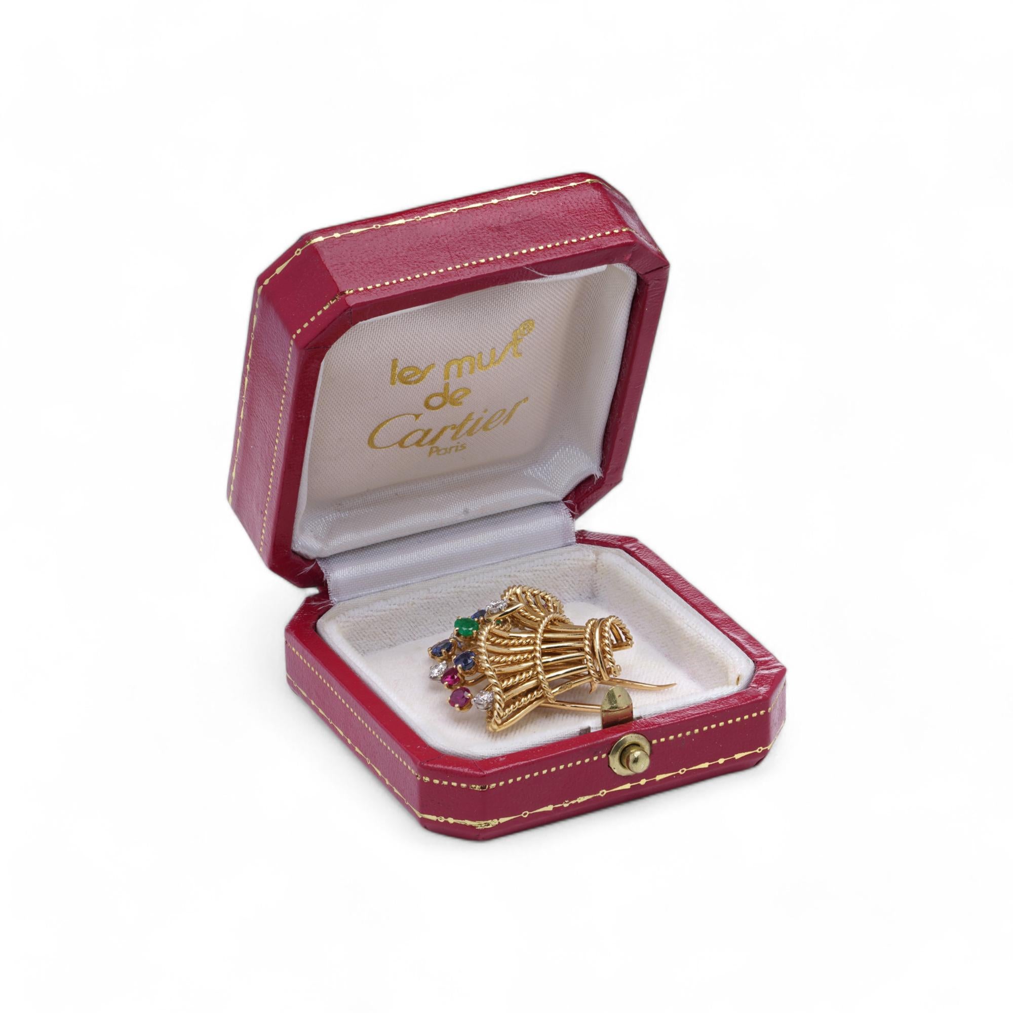 Cartier Vintage Flower Basket Brooch with gemstones For Sale 5