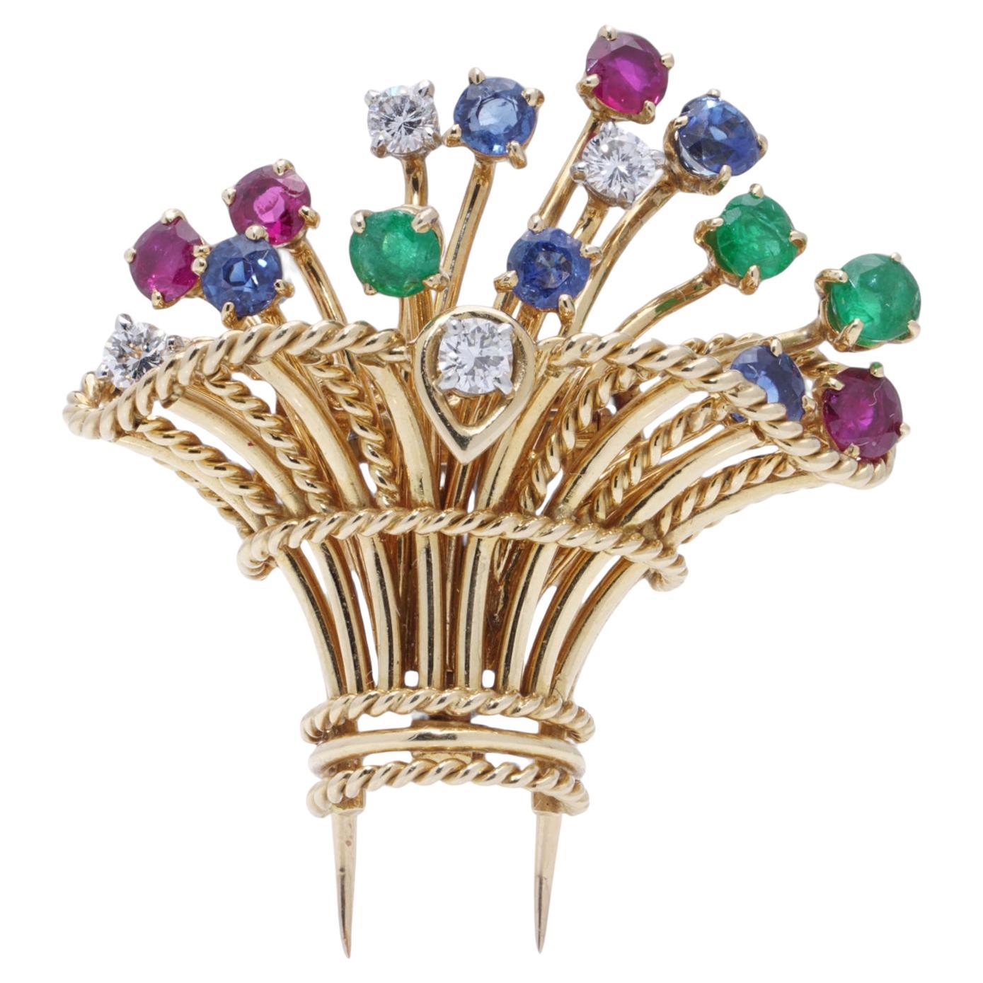 Cartier Vintage Flower Basket Brooch with gemstones