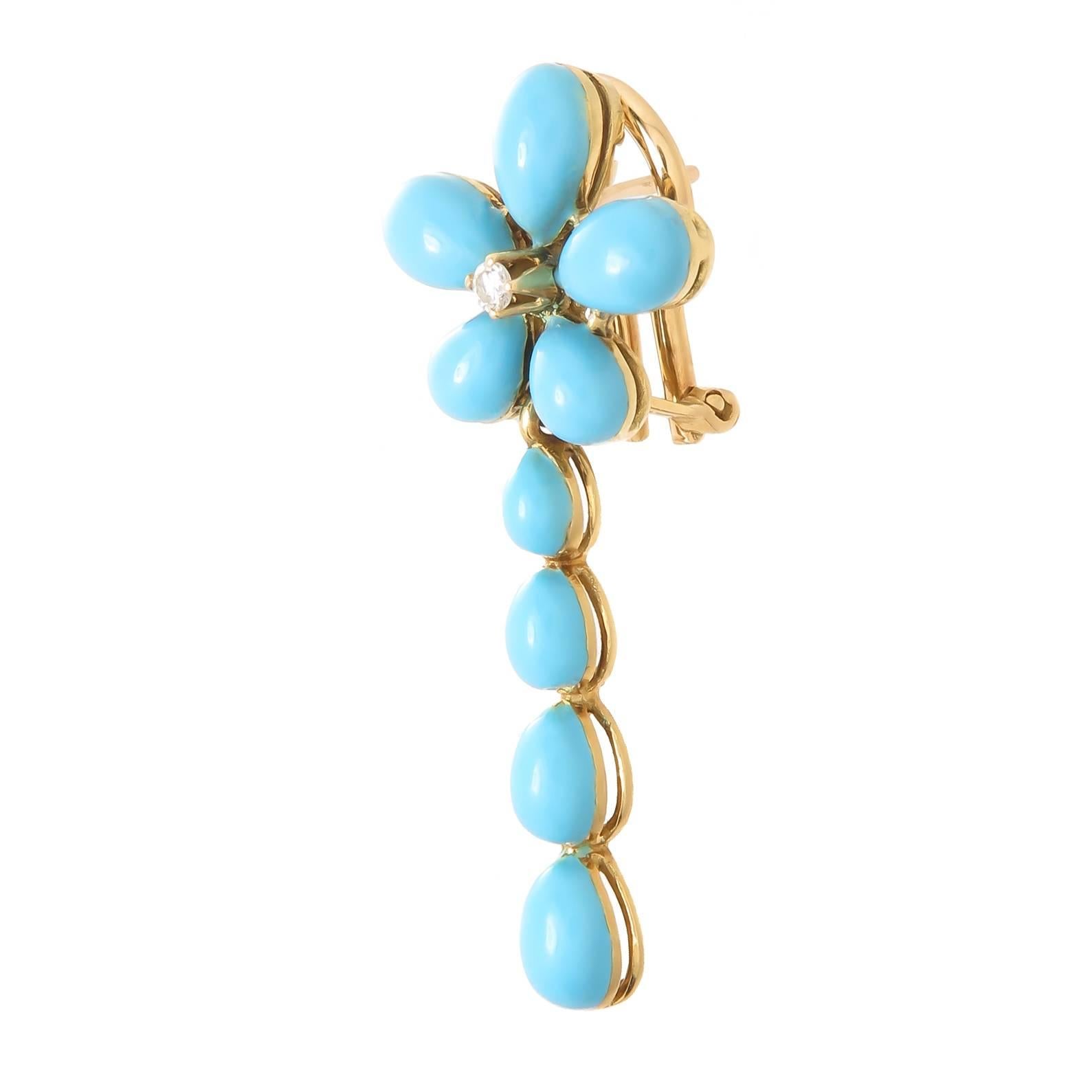 Circa 1970s Cartier 18K yellow Gold and Blue Enamel Dangle Earrings. Designed as a Flower with a dangle drop measuring 1 1/2 inch in length the Blue Enamel looks like Turquoise stones, centrally set with a .03 Carat Diamond. These have an Omega clip