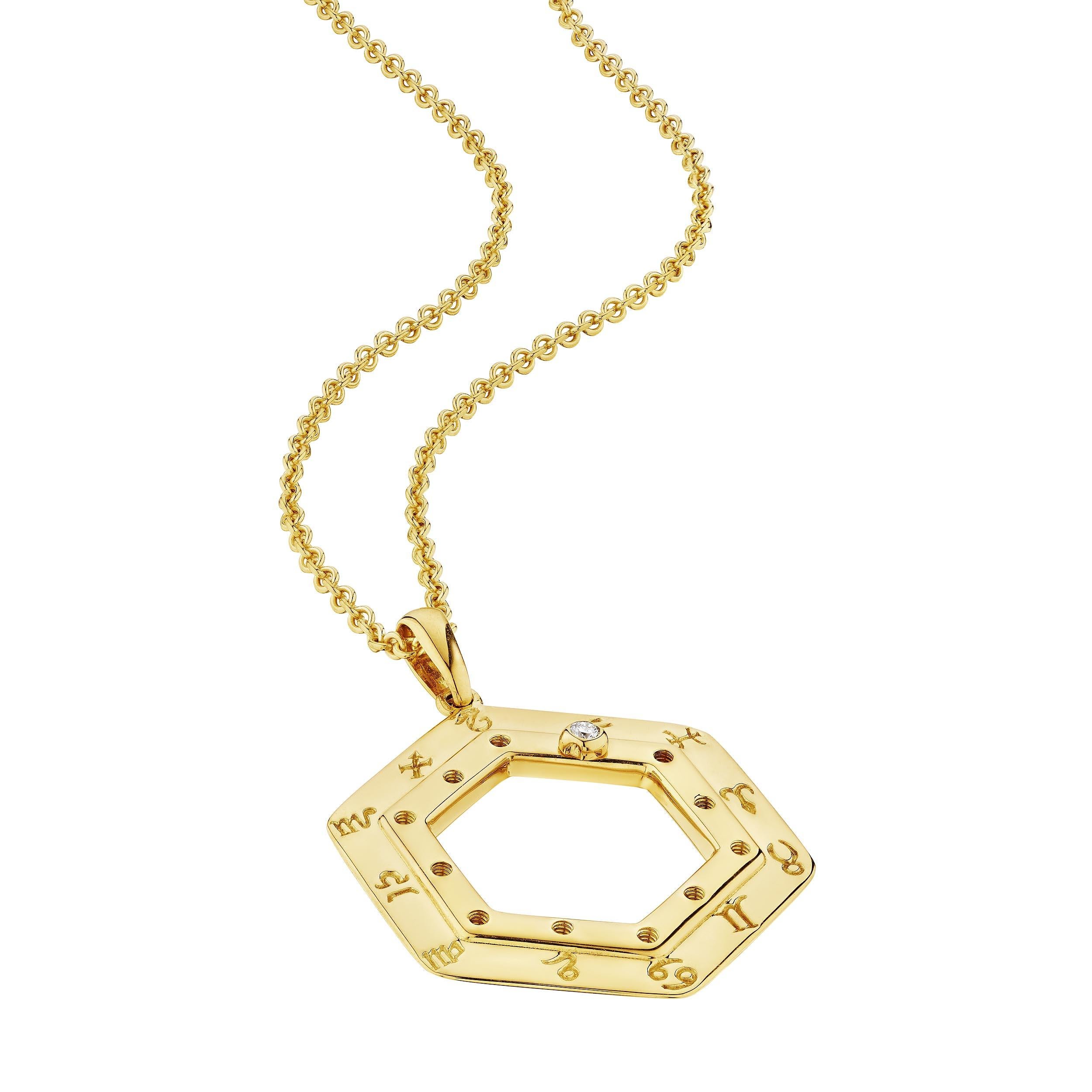Cover all your bases with this Cartier vintage zodiac 18 karat yellow gold pendant charm representing all of the 12 zodiac signs.  Just move the bezel set round cut diamond marker to your zodiac symbol and this rare hexagon shape charm will
