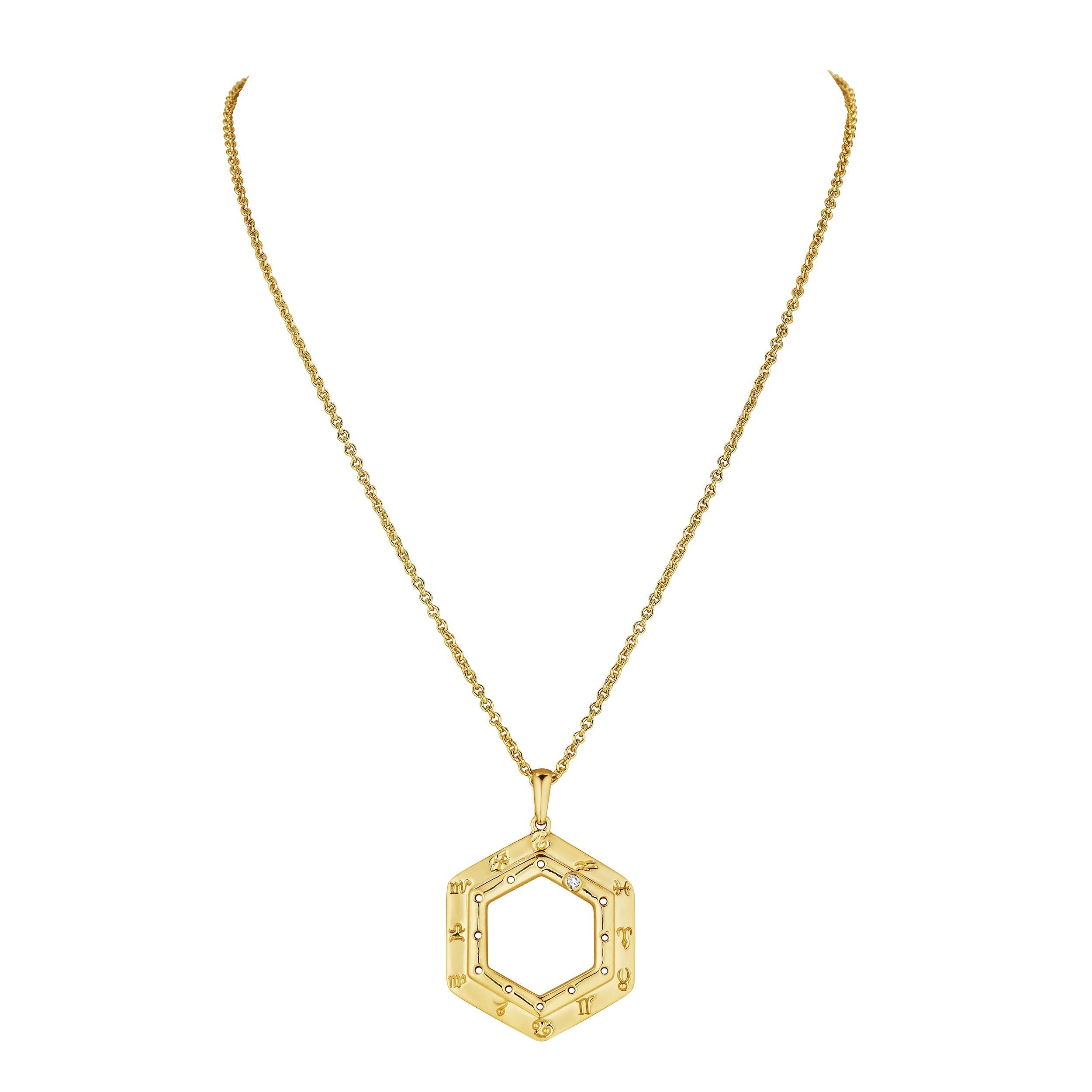 Modernist Cartier Vintage Gold Diamond Zodiac Hexagon Shape Pendant Charm Necklace