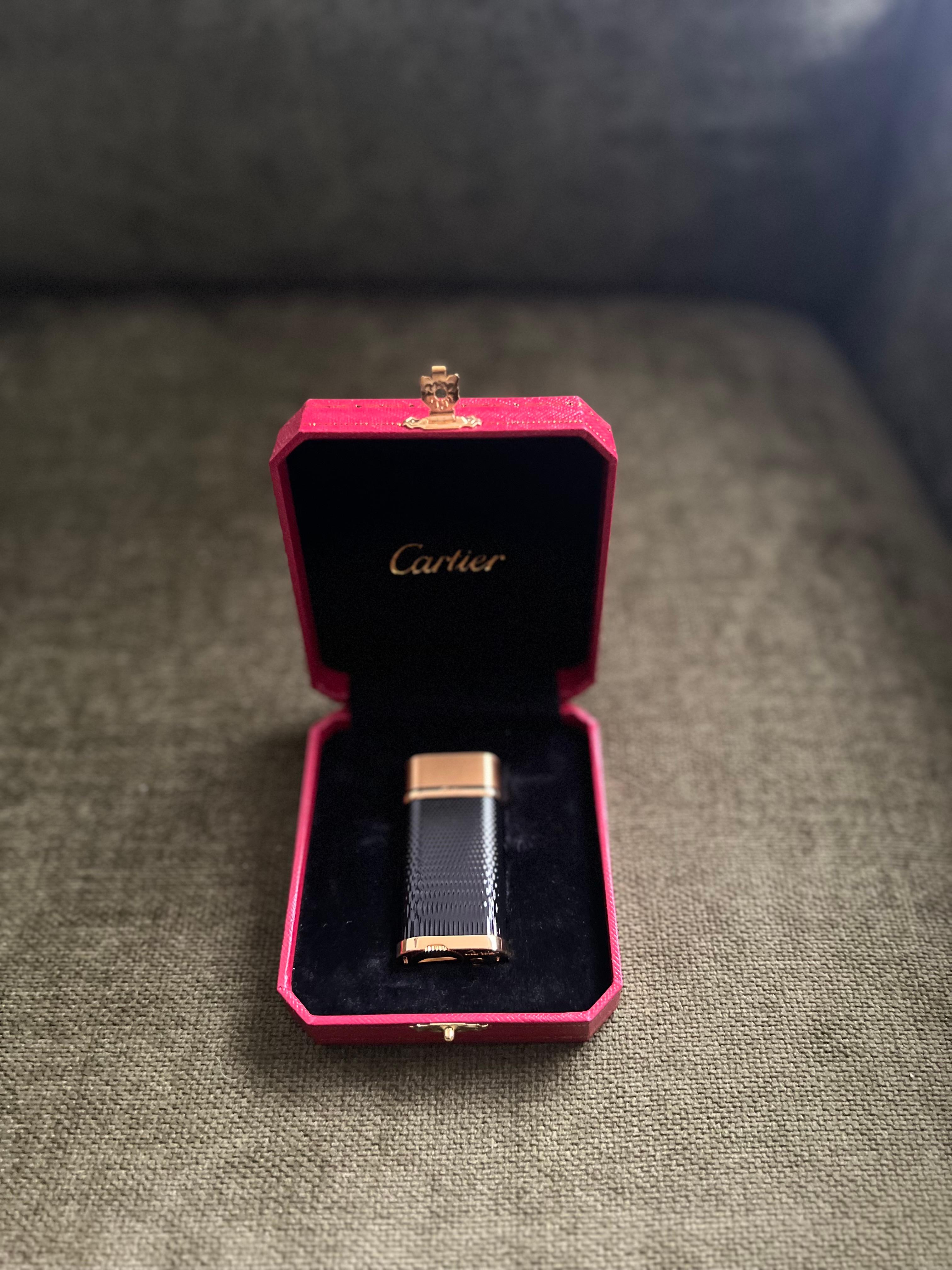 Cartier Vintage Gold Plated Black Lacquered “Cartier” Lighter In Original Case 5