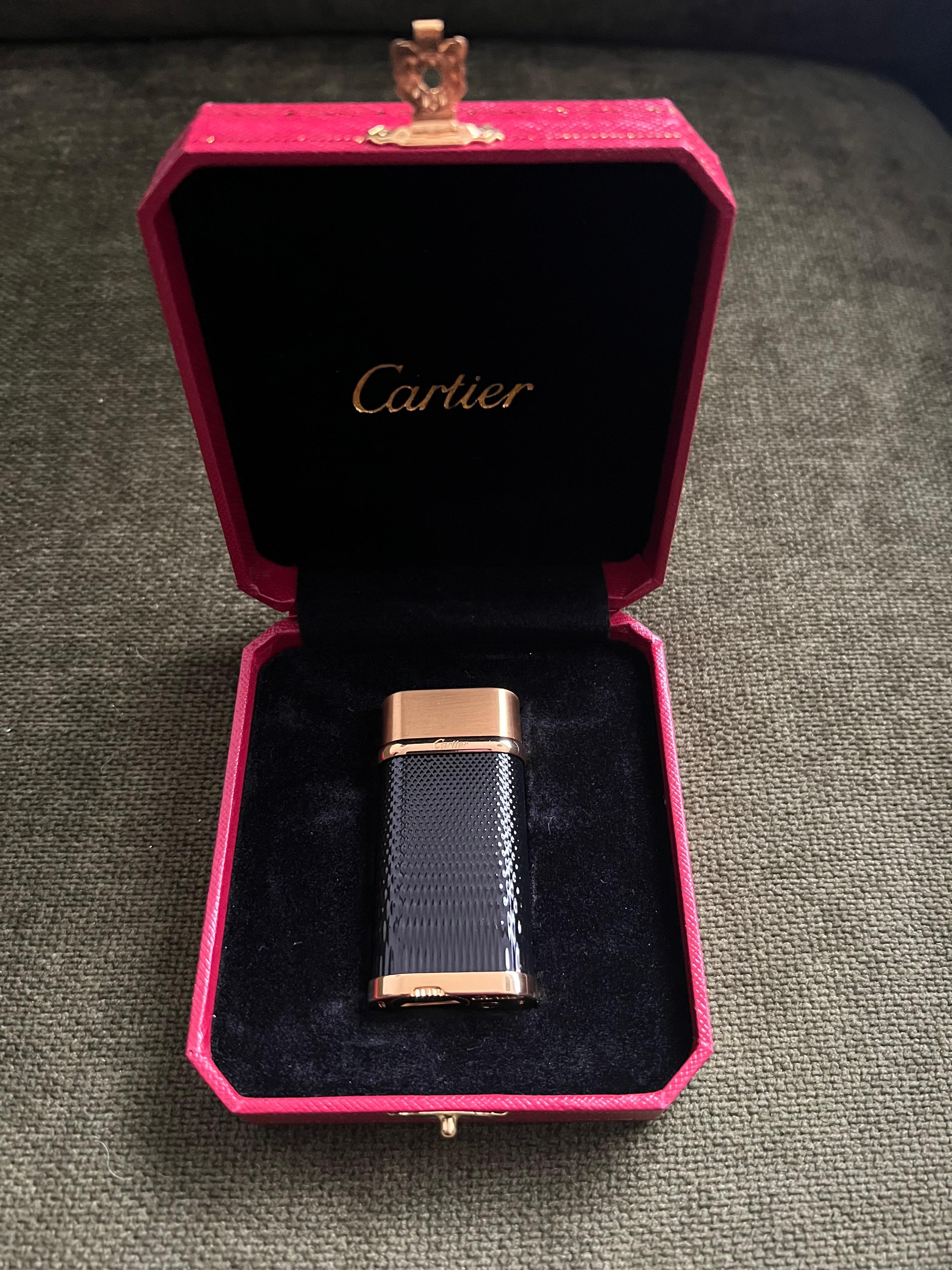 Cartier Vintage Gold Plated Black Lacquered “Cartier” Lighter In Original Case 6