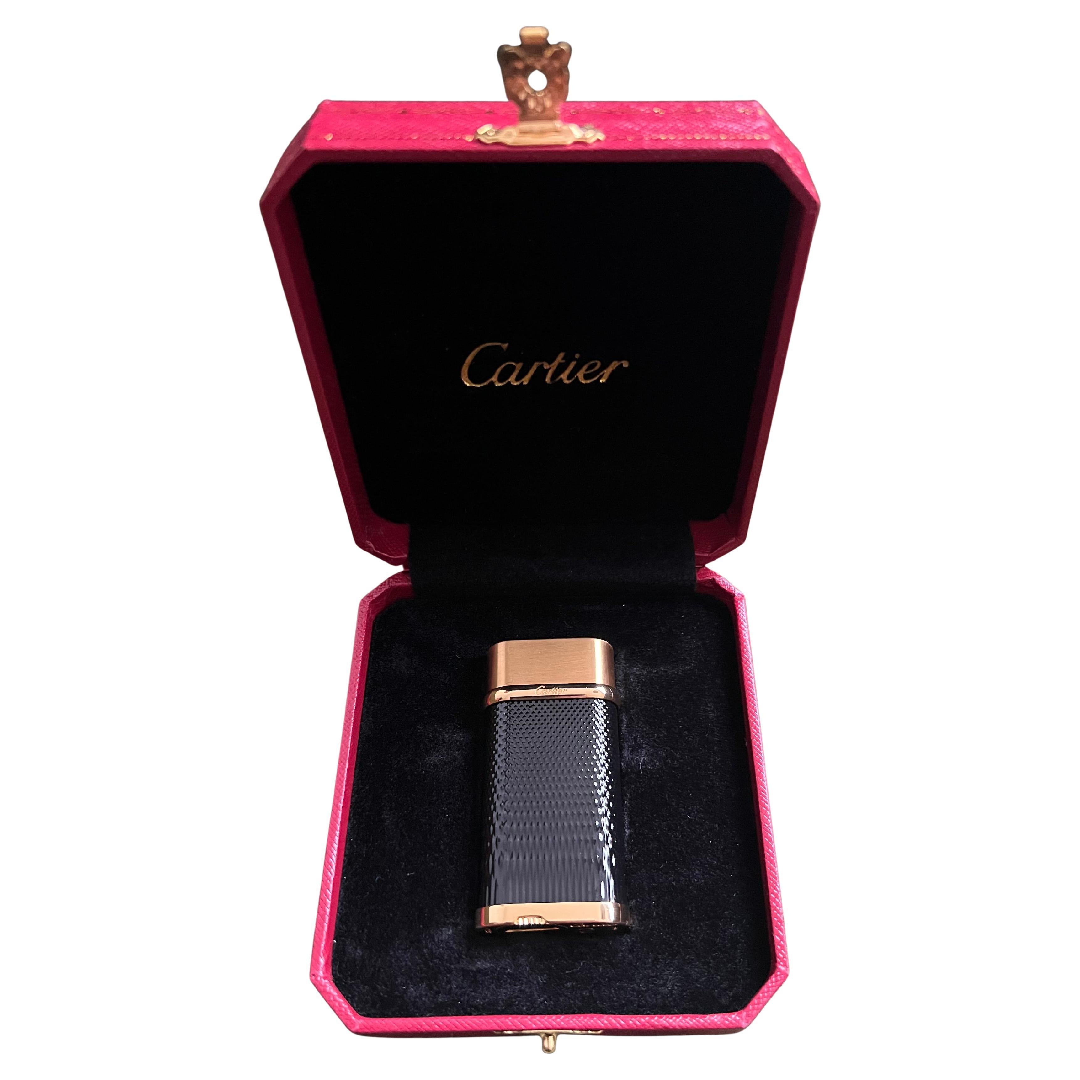 Art Deco Cartier Vintage Gold Plated Black Lacquered “Cartier” Lighter In Original Case