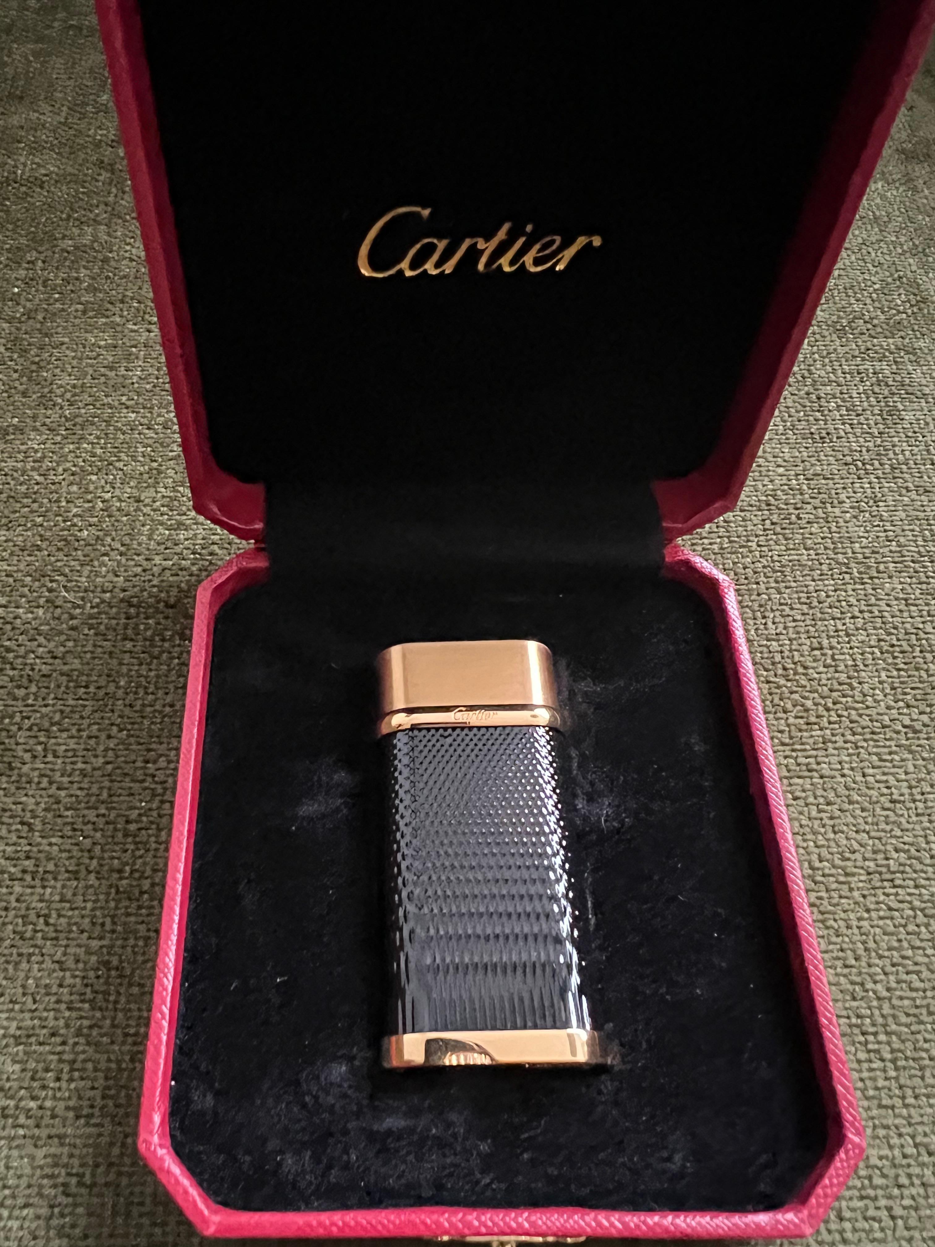 Cartier Vintage Gold Plated Black Lacquered “Cartier” Lighter In Original Case 2