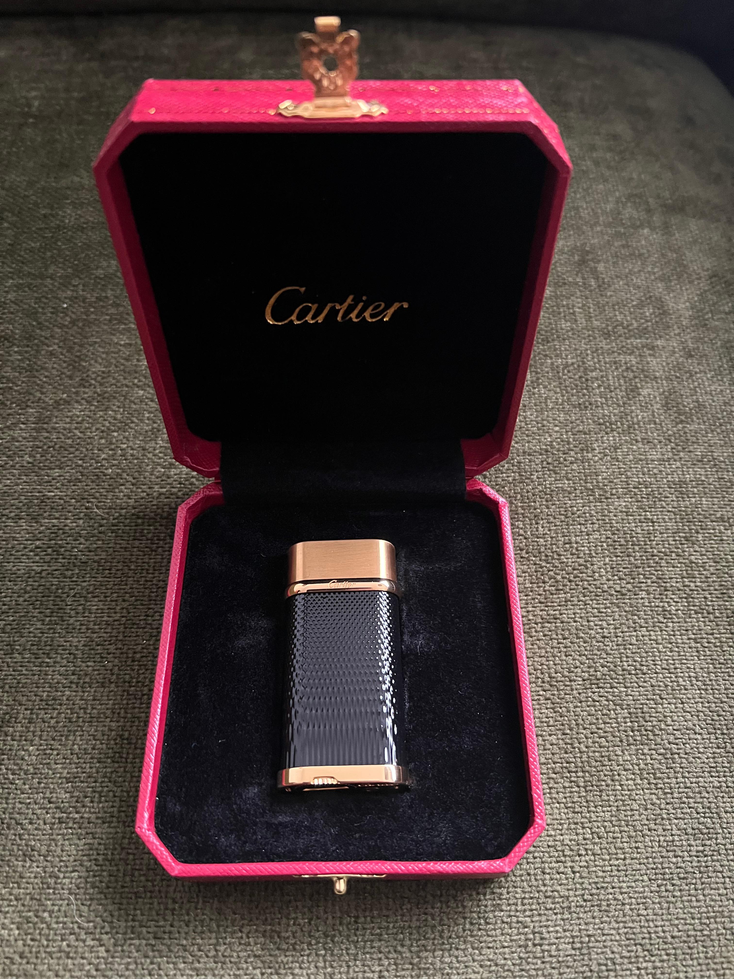 Cartier Vintage Gold Plated Black Lacquered “Cartier” Lighter In Original Case 4