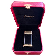Cartier Vintage Gold Plated Black Lacquered “Cartier” Lighter In Original Case