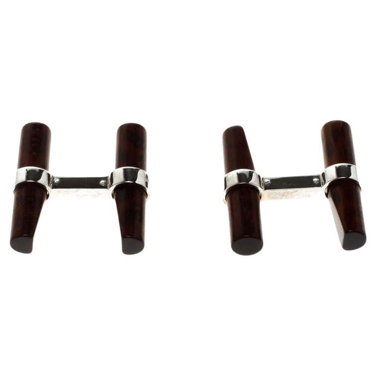 Cartier Vintage Interchangeable Wood 18K White Gold Santos De Cartier Cufflinks